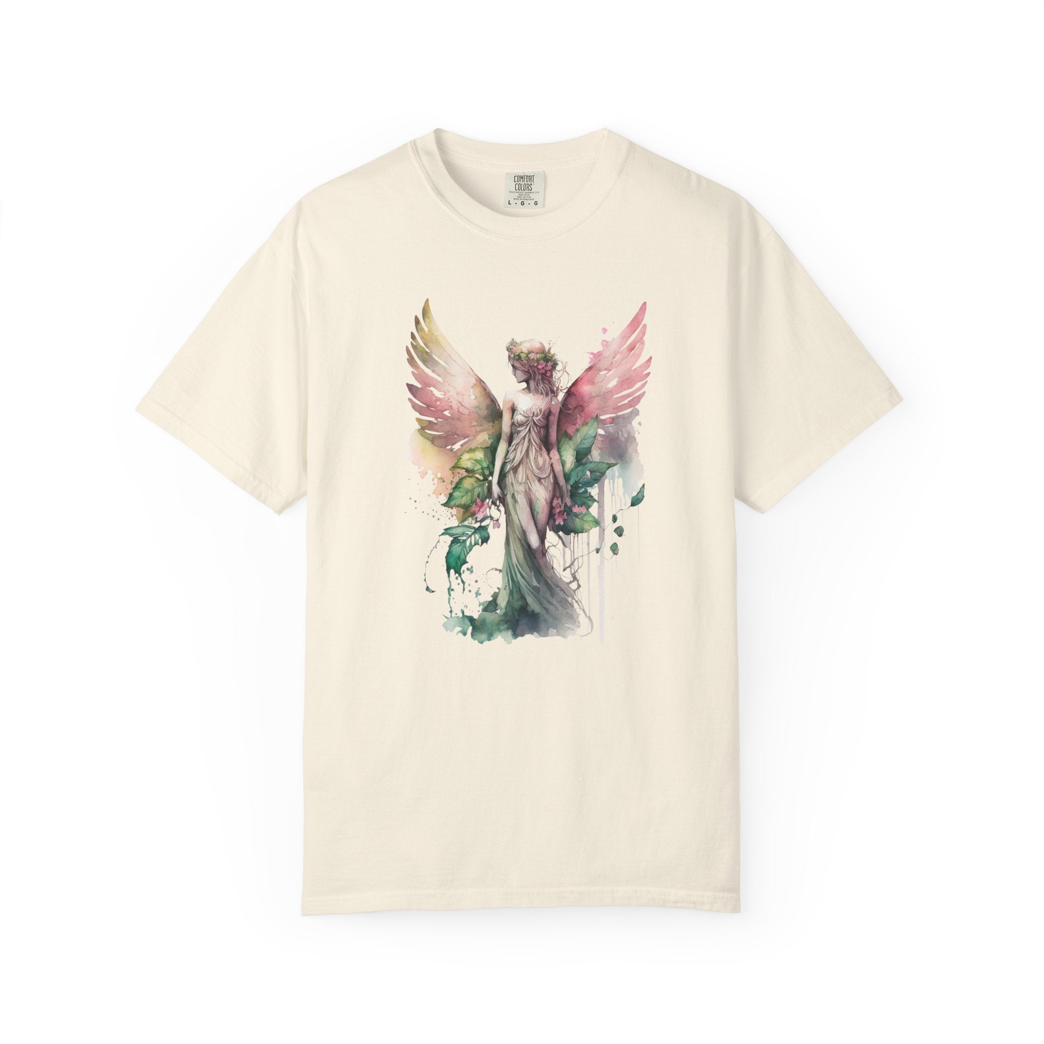 An off-white short-sleeve crewneck t-shirt featuring a colorful watercolor graphic of an angel with wings on the front, displayed against a solid white background.