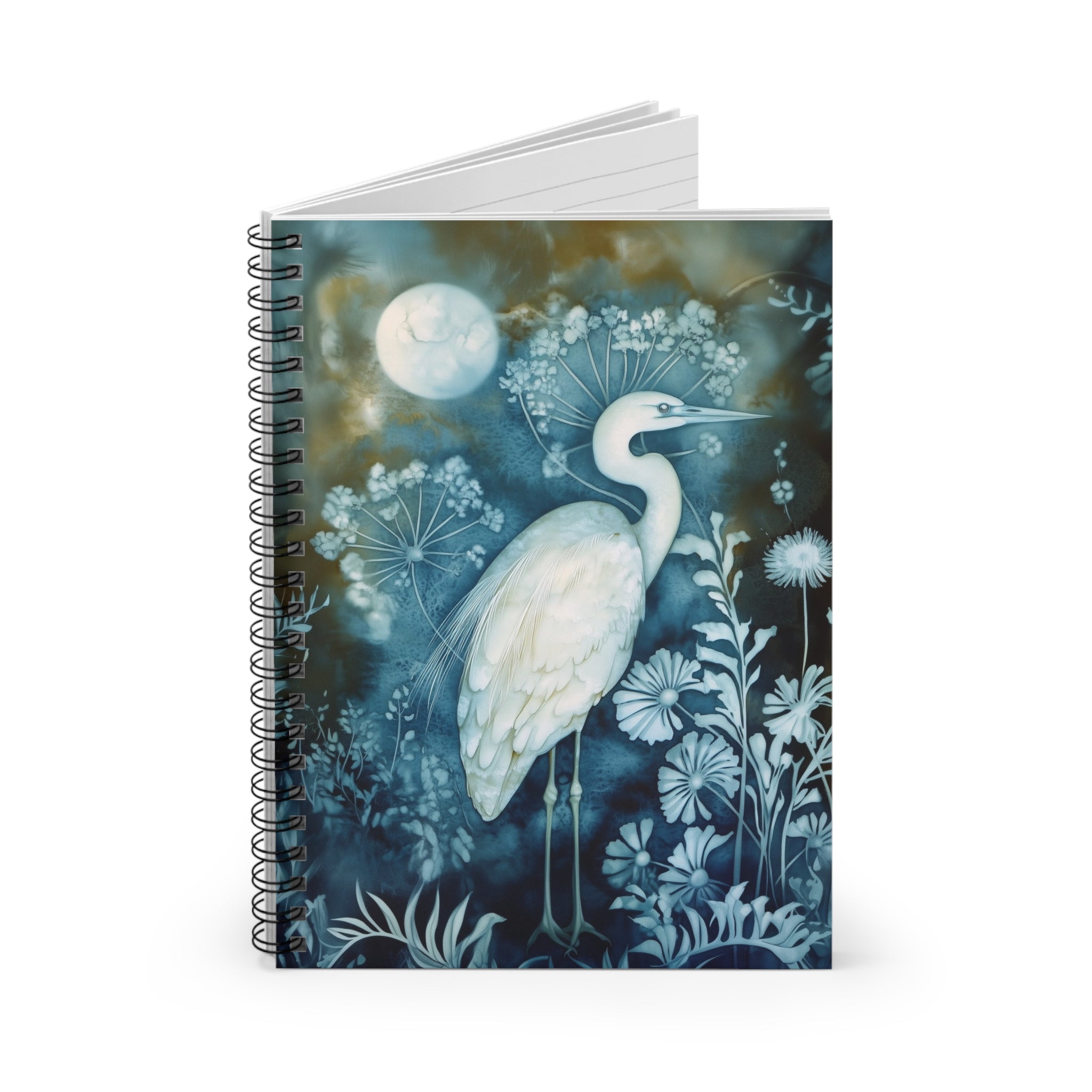 Cyanotype style illustration of a white heron under a glowing moon surrounded by delicate botanical plants