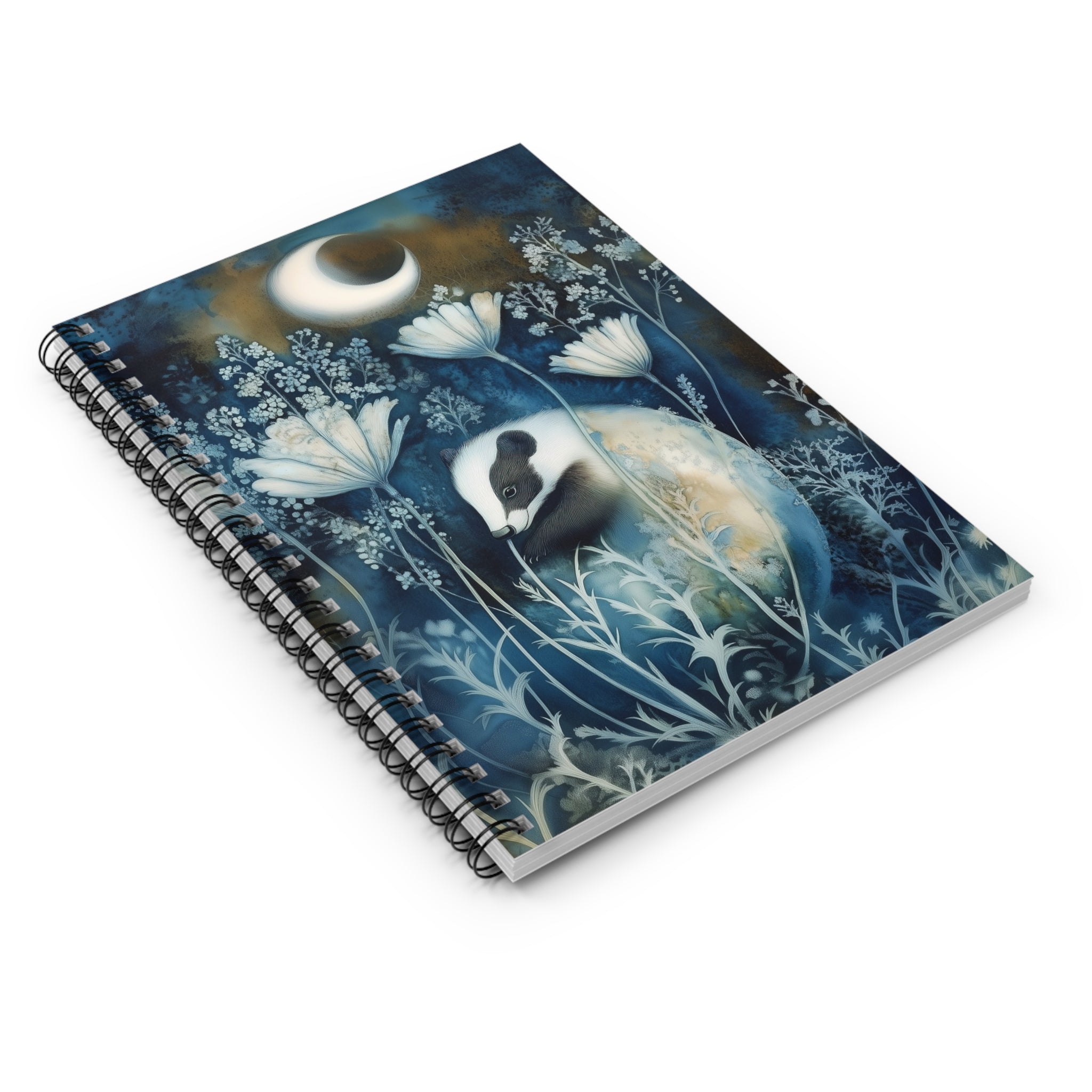 Cyanotype style illustration of a badger under a crescent moon surrounded by delicate woodland flowers