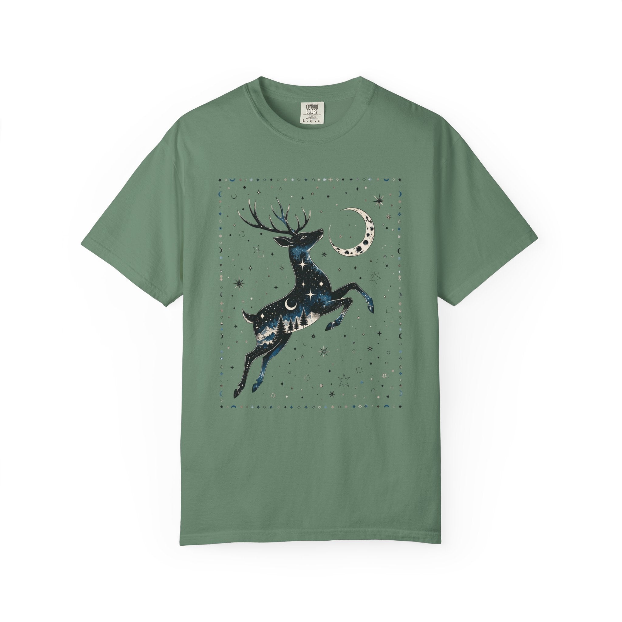 Celestial stag illustration filled with stars, moon phases, pine trees, and mountain scenery beneath a crescent moon in a mystical night-sky design.