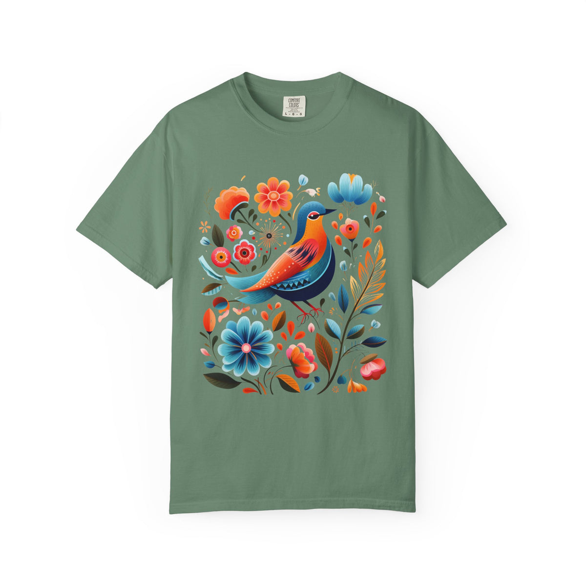 A sage green short-sleeve t-shirt with a colorful graphic print of a blue and orange bird surrounded by stylized flowers and leaves, displayed on a clean white background.