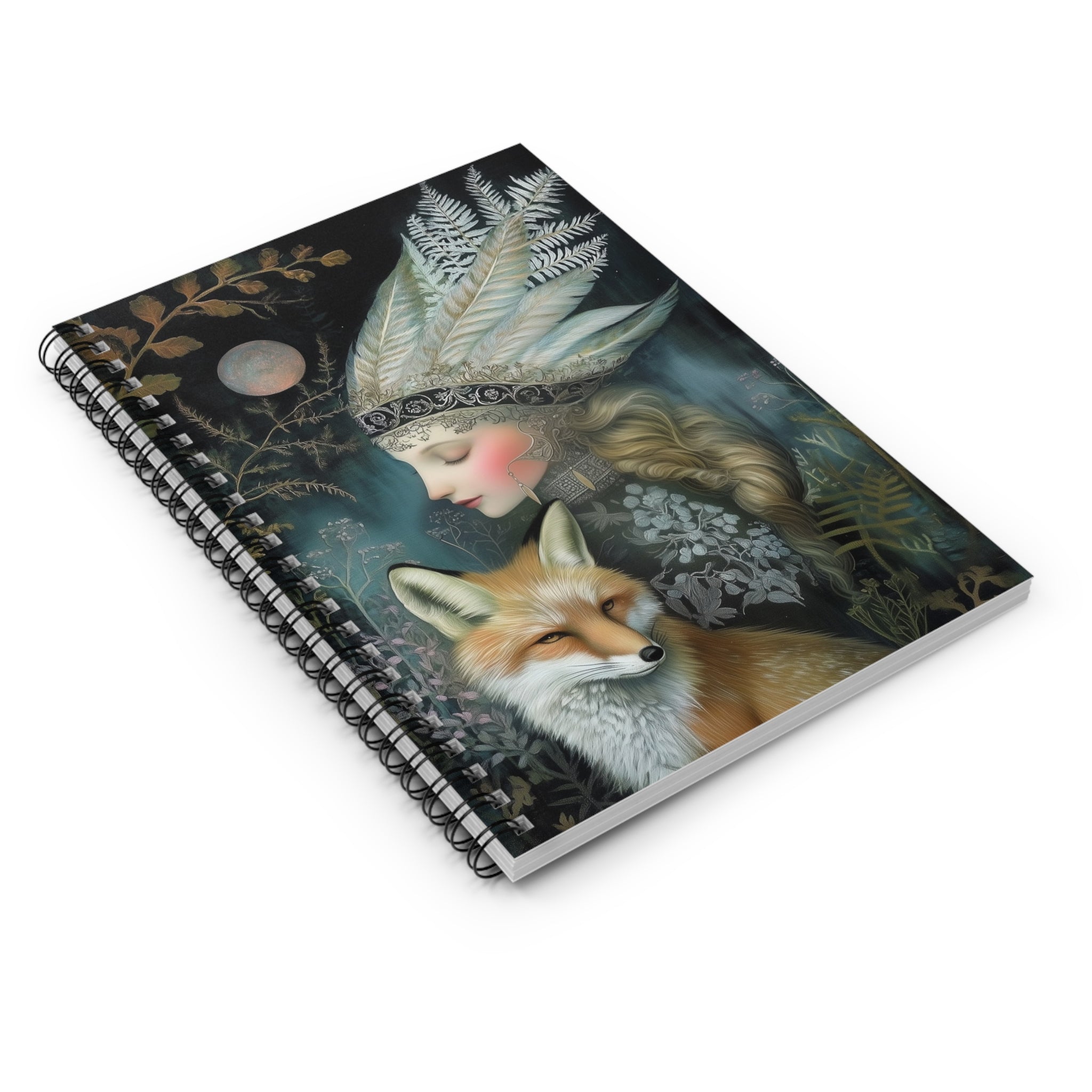 Illustrated forest queen wearing feather crown with red fox under moonlight surrounded by woodland foliage, cottagecore notebook cover design