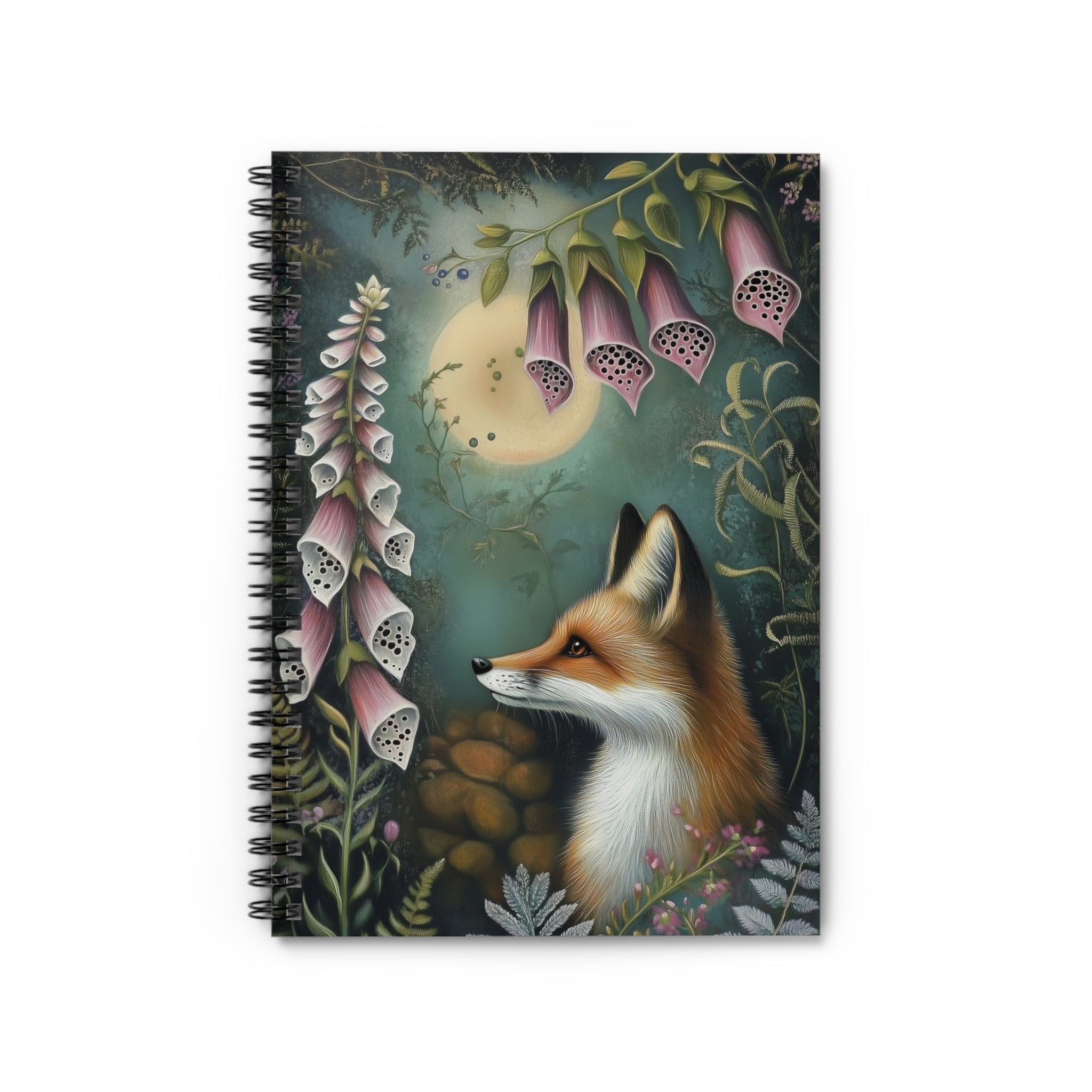 Illustrated red fox beneath pink foxglove flowers under a glowing moon surrounded by ferns and woodland foliage, cottagecore notebook cover design