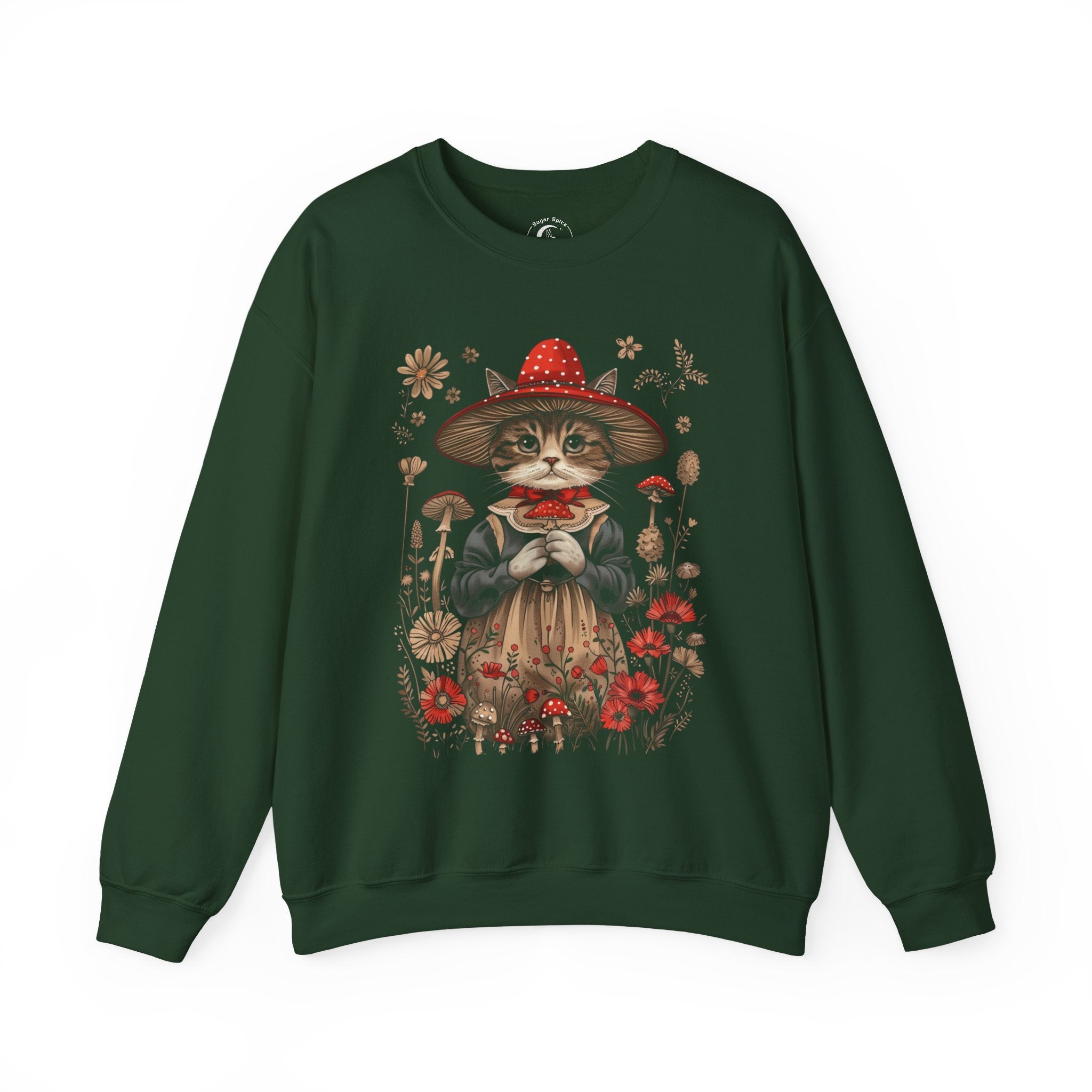 Cottagecore cat sweatshirt with whimsical cat in red mushroom witch hat and vintage dress surrounded by wildflowers and toadstools.