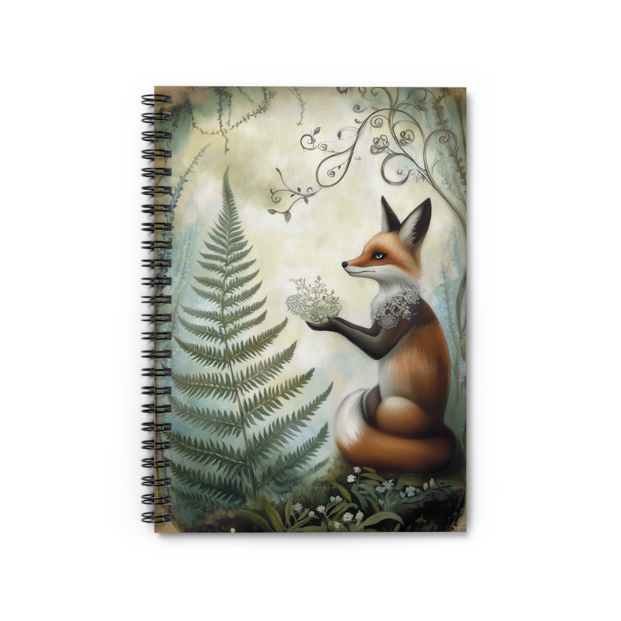 Illustrated red fox holding forest herbs surrounded by ferns and vines in soft woodland tones, whimsical cottagecore notebook cover design