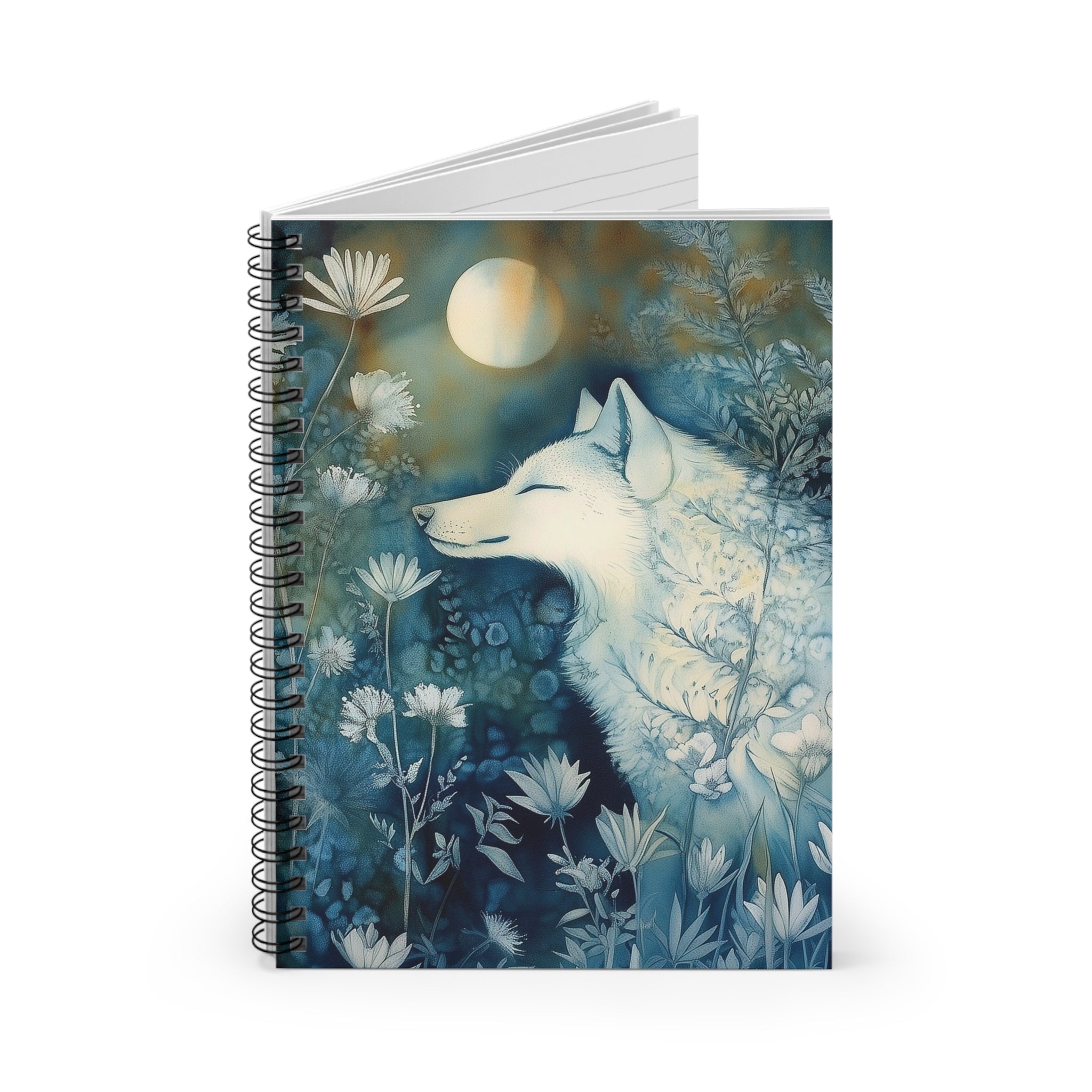 Cyanotype style illustration of a white fox resting under a glowing moon surrounded by delicate woodland flowers
