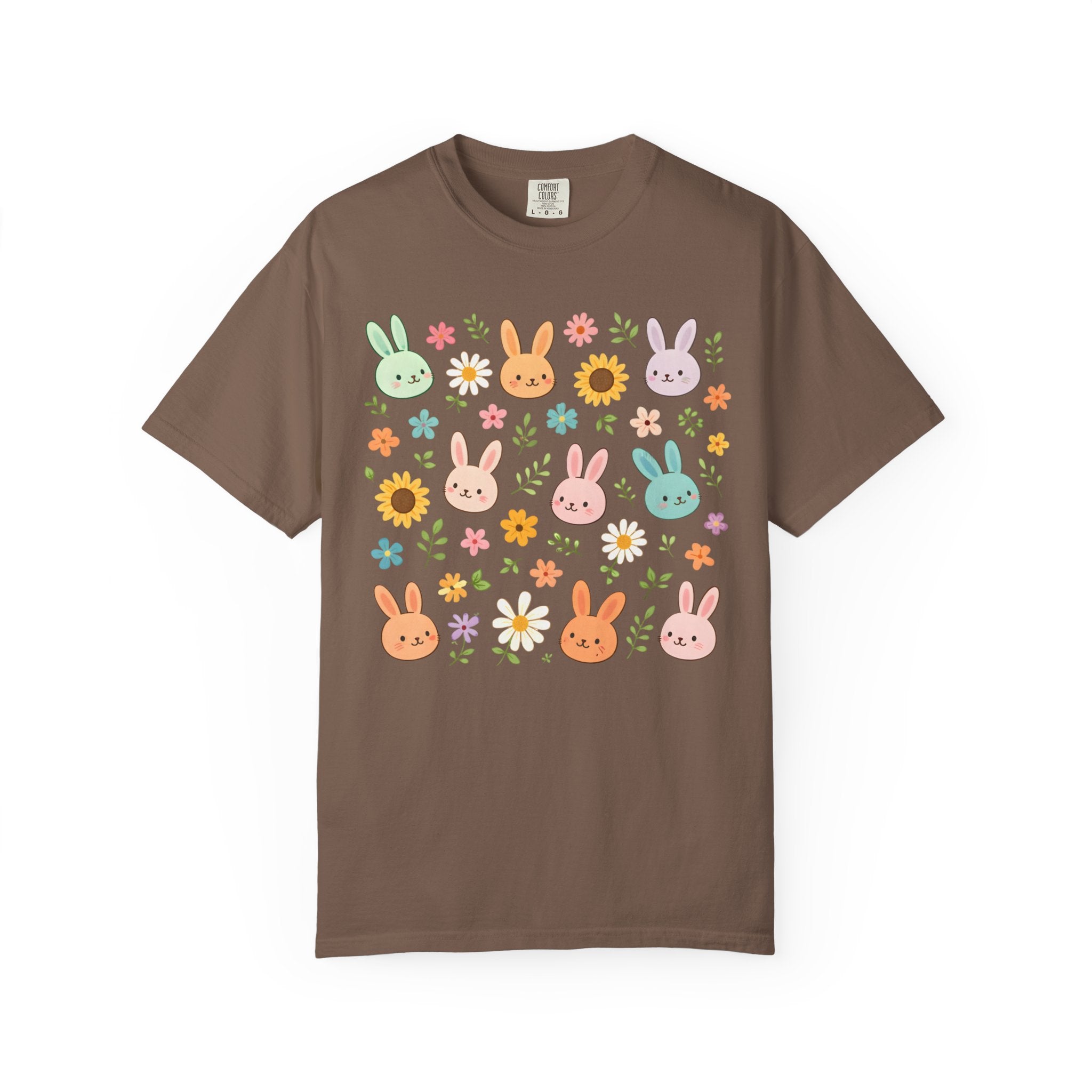 Floral cottagecore bunny shirt with pastel rabbits and wildflowers on a dark background, whimsical woodland aesthetic