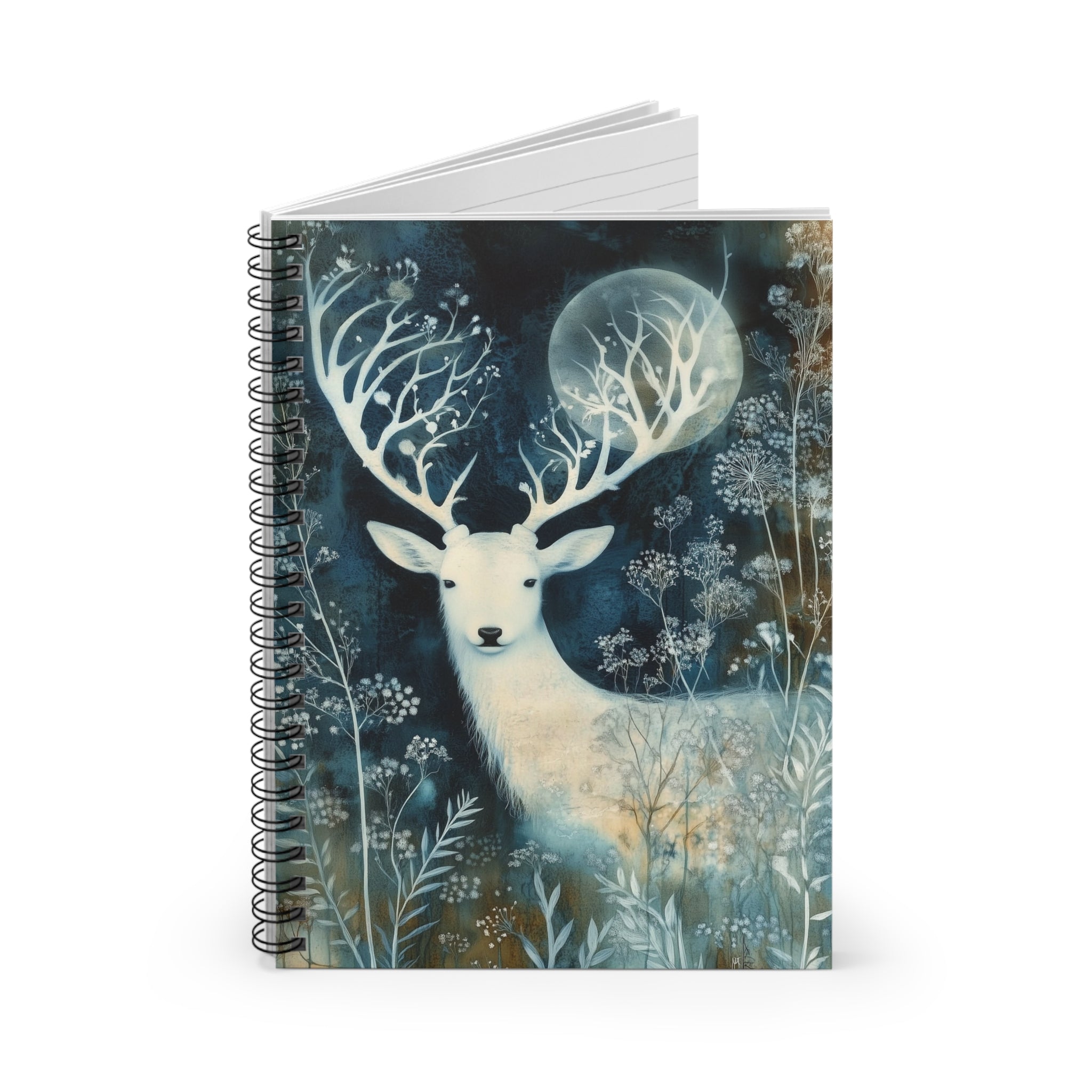 Cyanotype style illustration of a white stag with branching antlers under a glowing moon surrounded by delicate woodland plants