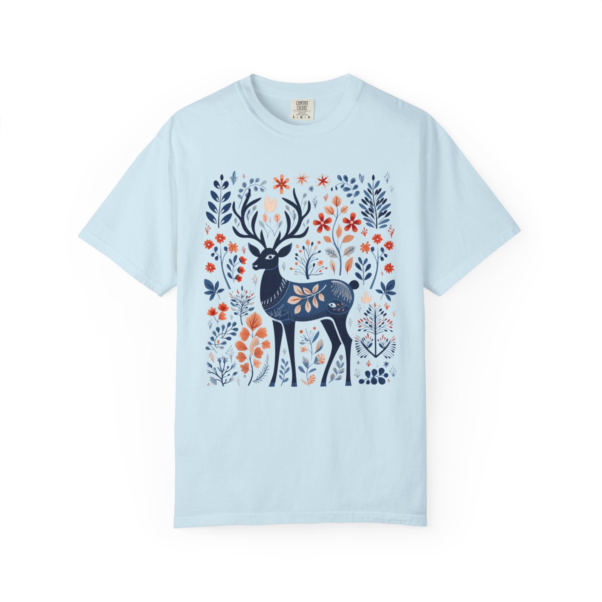 Nordic folk art deer surrounded by woodland leaves and flowers on a cottagecore forest shirt