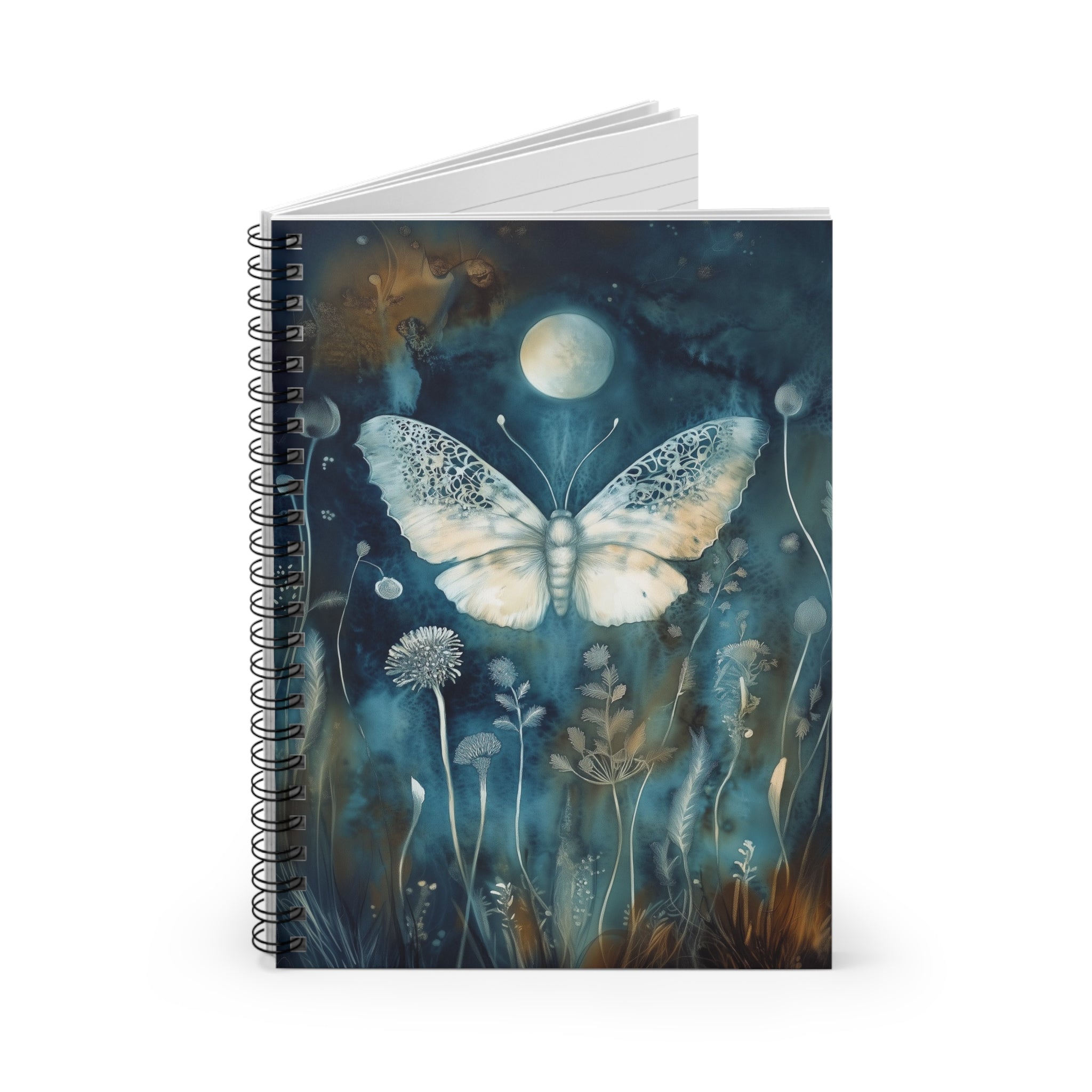 Cyanotype style illustration of a white butterfly under a glowing moon surrounded by delicate botanical plants, cottagecore notebook cover design