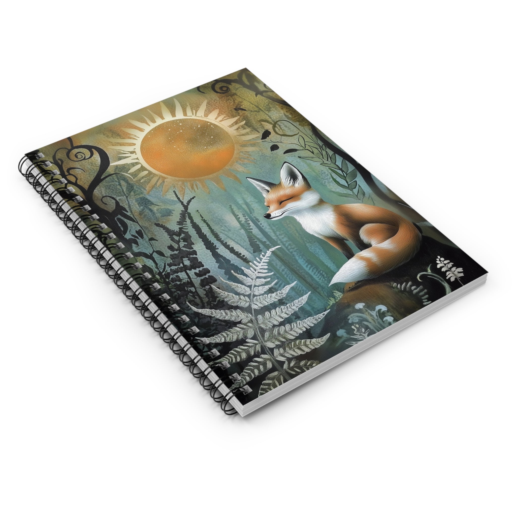 Illustrated red fox sitting peacefully under a glowing golden sun surrounded by ferns and woodland foliage, cottagecore notebook cover design