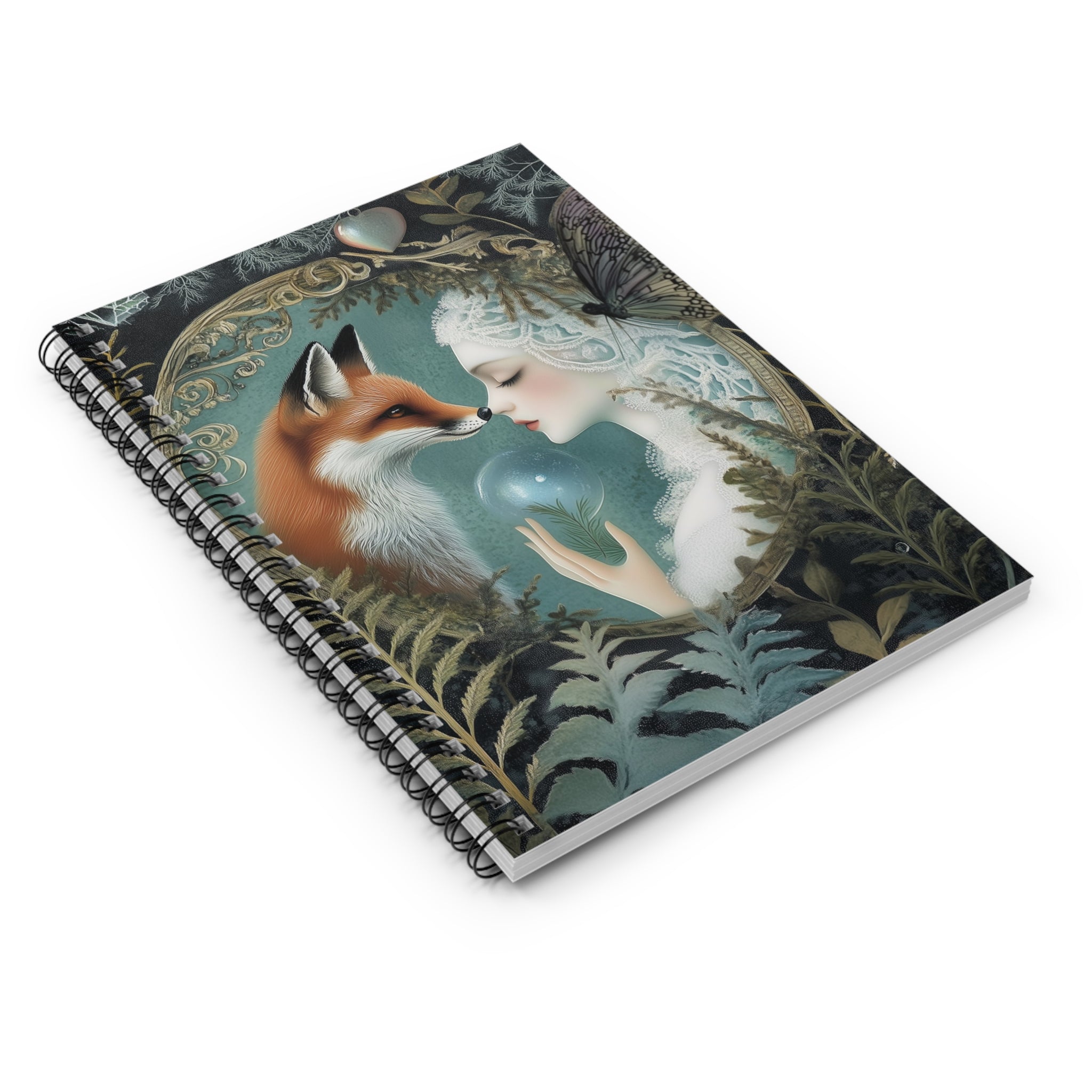 Illustrated forest maiden touching noses with a red fox framed by ferns and woodland foliage under soft moonlight, cottagecore notebook cover design