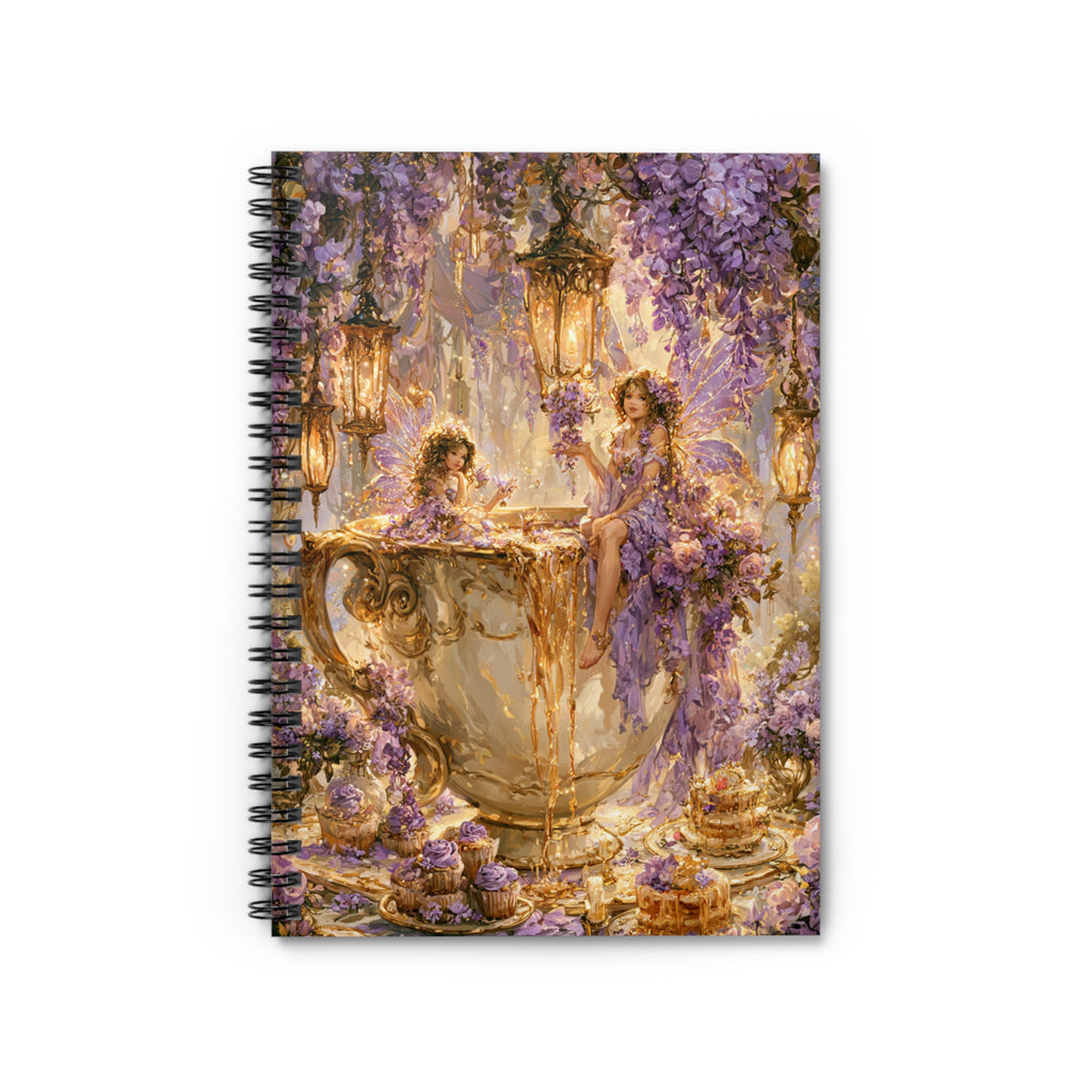 Fantasy illustration of fairies gathered around a giant teacup beneath cascading purple wisteria flowers and glowing lanterns in an enchanted fairy garden.