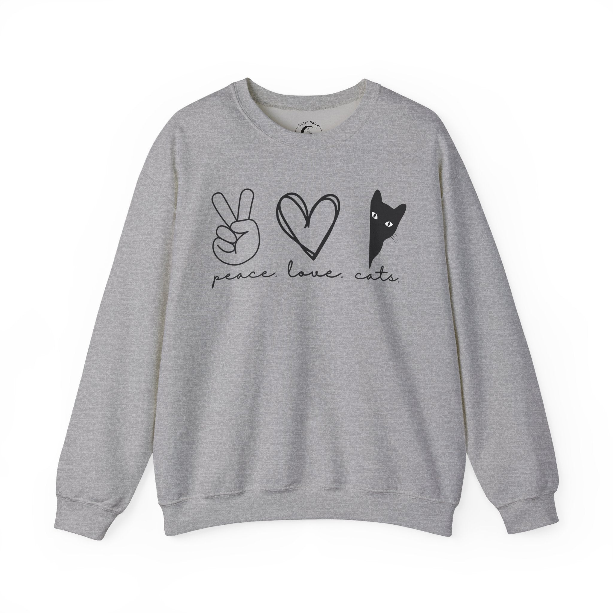 Woman wearing a sport grey Peace Love Cats sweatshirt featuring a minimalist black cat graphic with a peace sign and heart design.