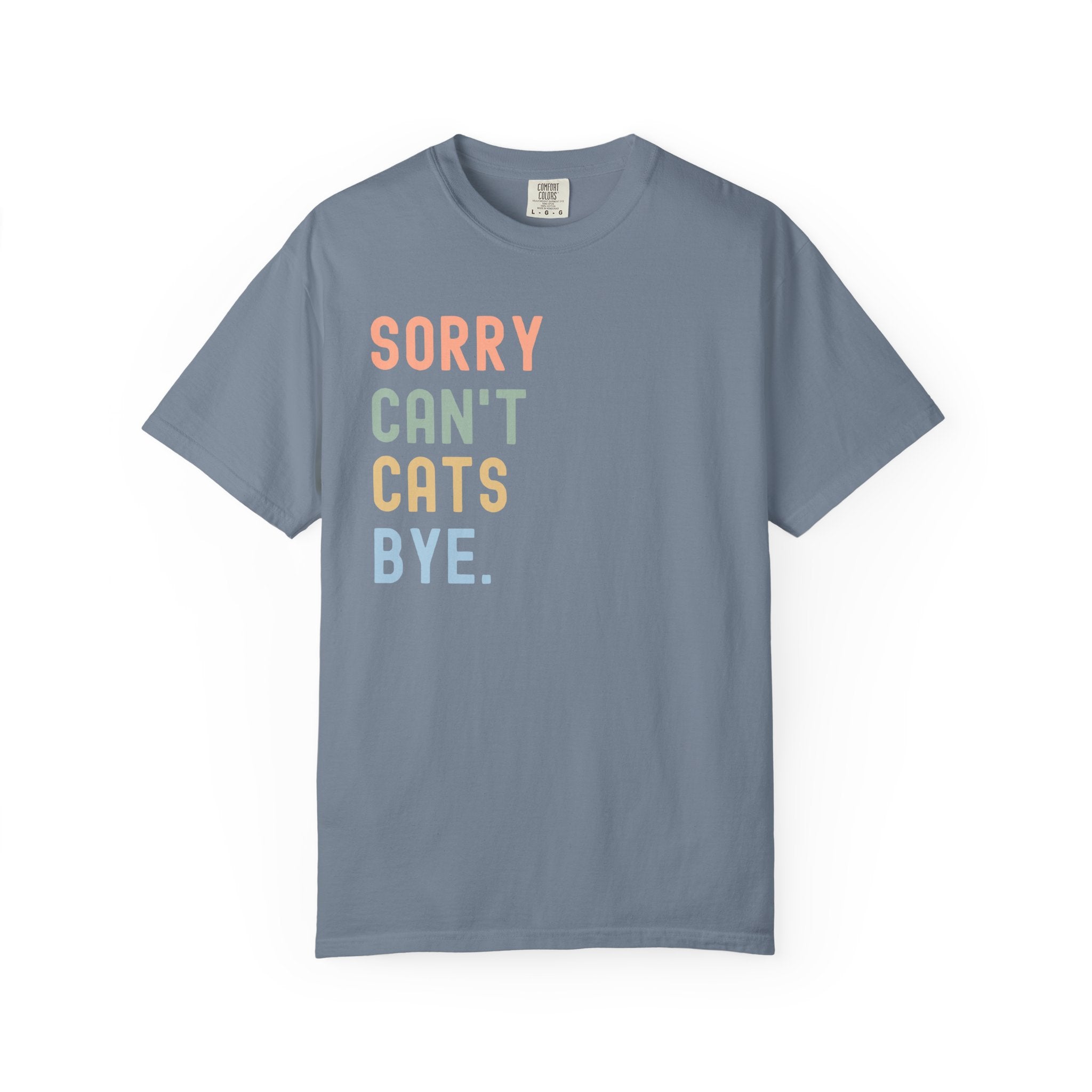 Retro pastel "Sorry Can't Cats Bye" graphic t-shirt featuring colorful vintage lettering for cat lovers, introverts, and proud cat moms.