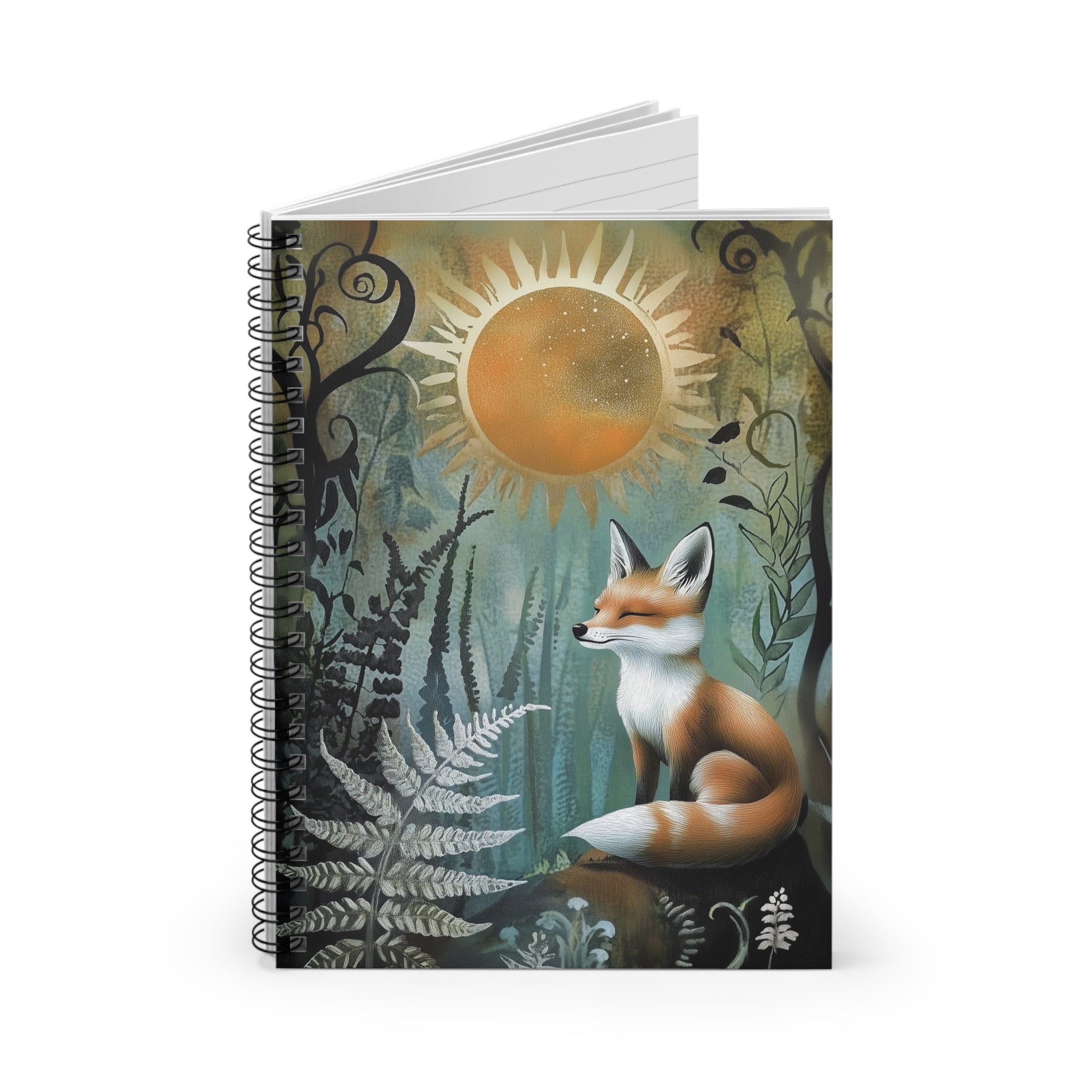 Illustrated red fox sitting peacefully under a glowing golden sun surrounded by ferns and woodland foliage, cottagecore notebook cover design