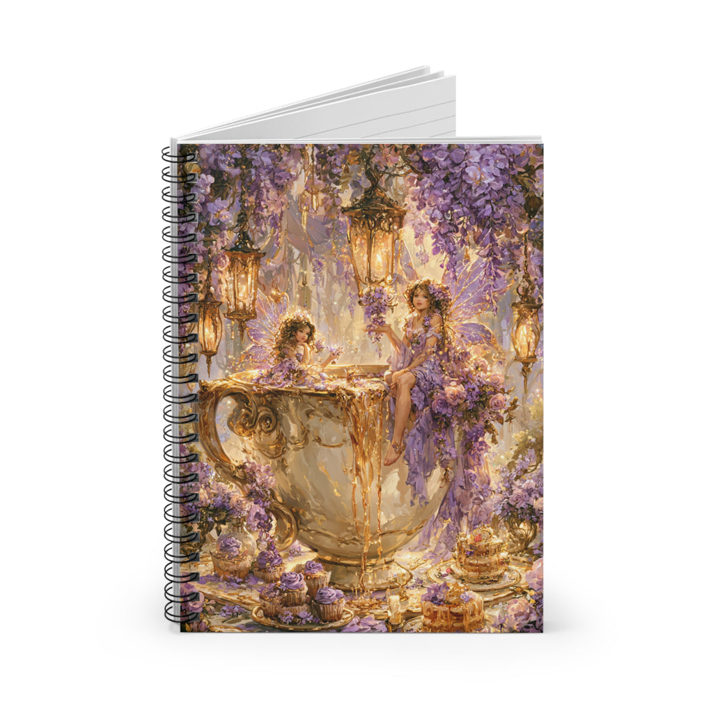 Fantasy illustration of fairies gathered around a giant teacup beneath cascading purple wisteria flowers and glowing lanterns in an enchanted fairy garden.