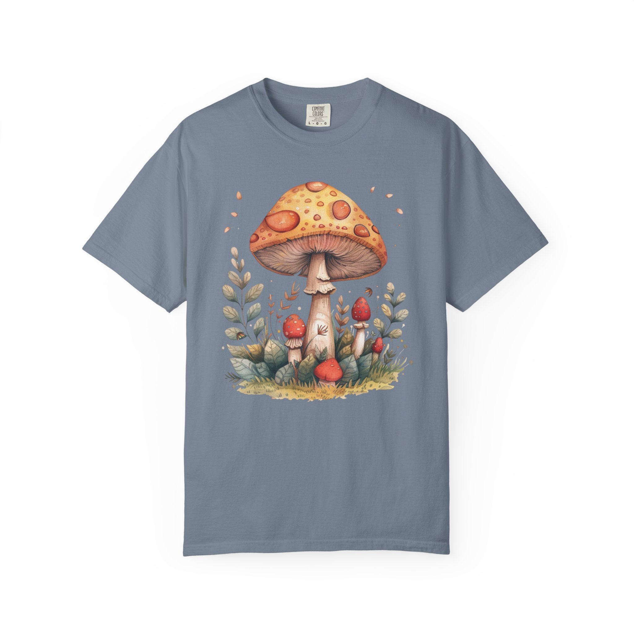 Illustration of golden woodland mushrooms surrounded by leaves and small red mushrooms in a cozy cottagecore fairycore forest style.