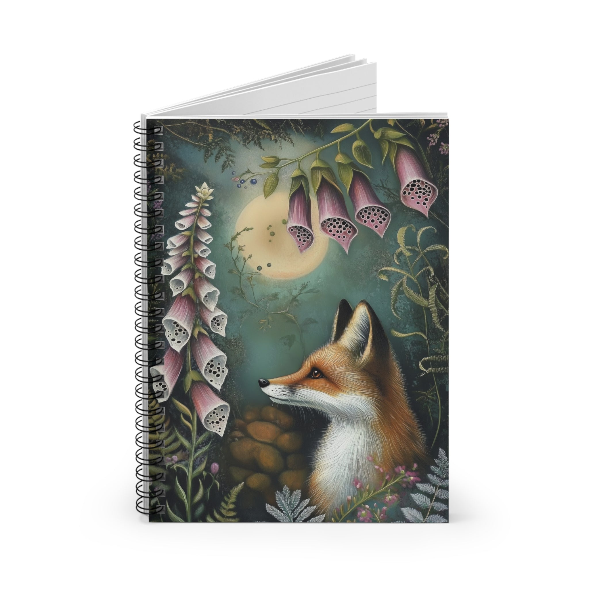 Illustrated red fox beneath pink foxglove flowers under a glowing moon surrounded by ferns and woodland foliage, cottagecore notebook cover design