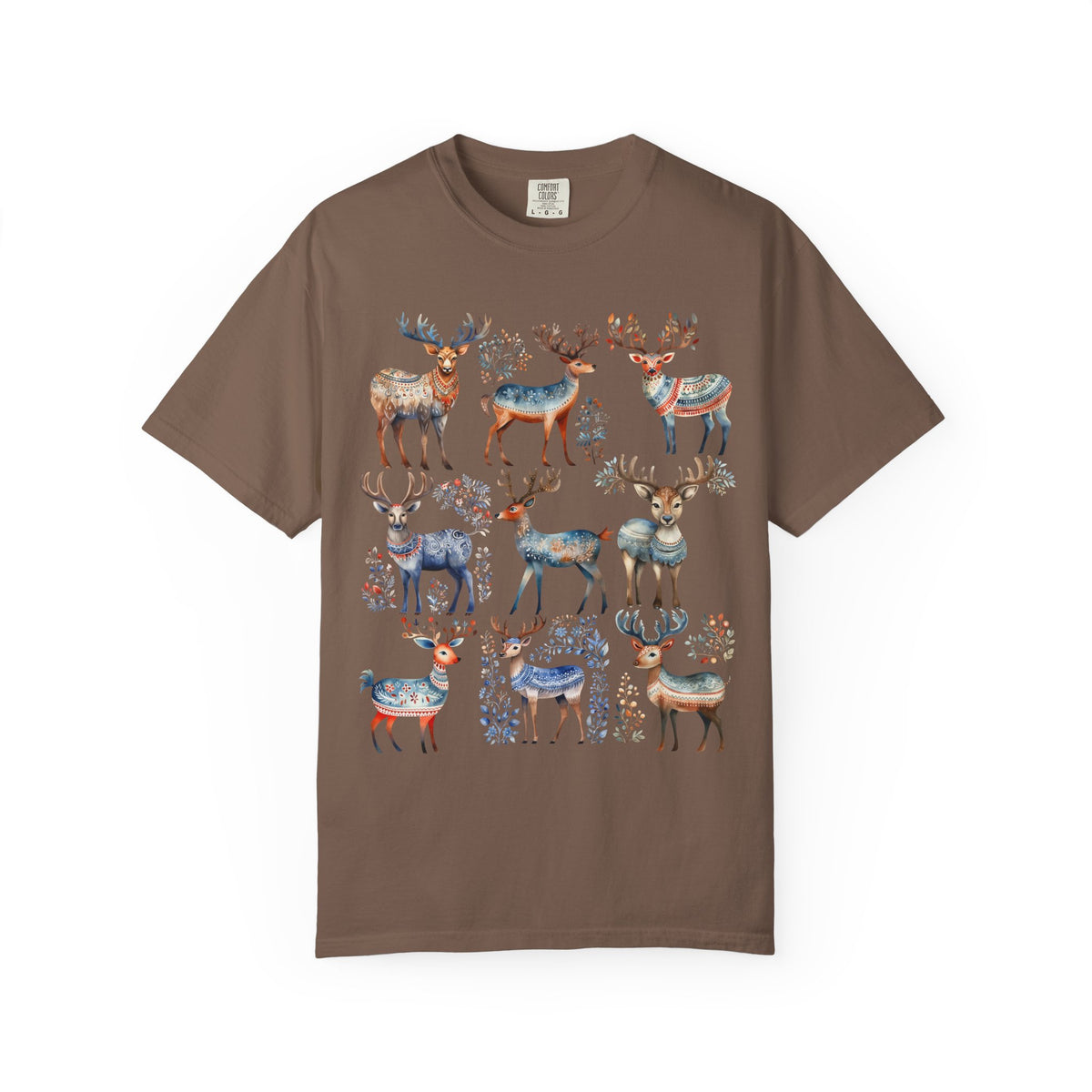 A brown short-sleeve crewneck t-shirt featuring a graphic print of multiple stylized deer in blue, orange, and white tones, displayed flat against a white background.