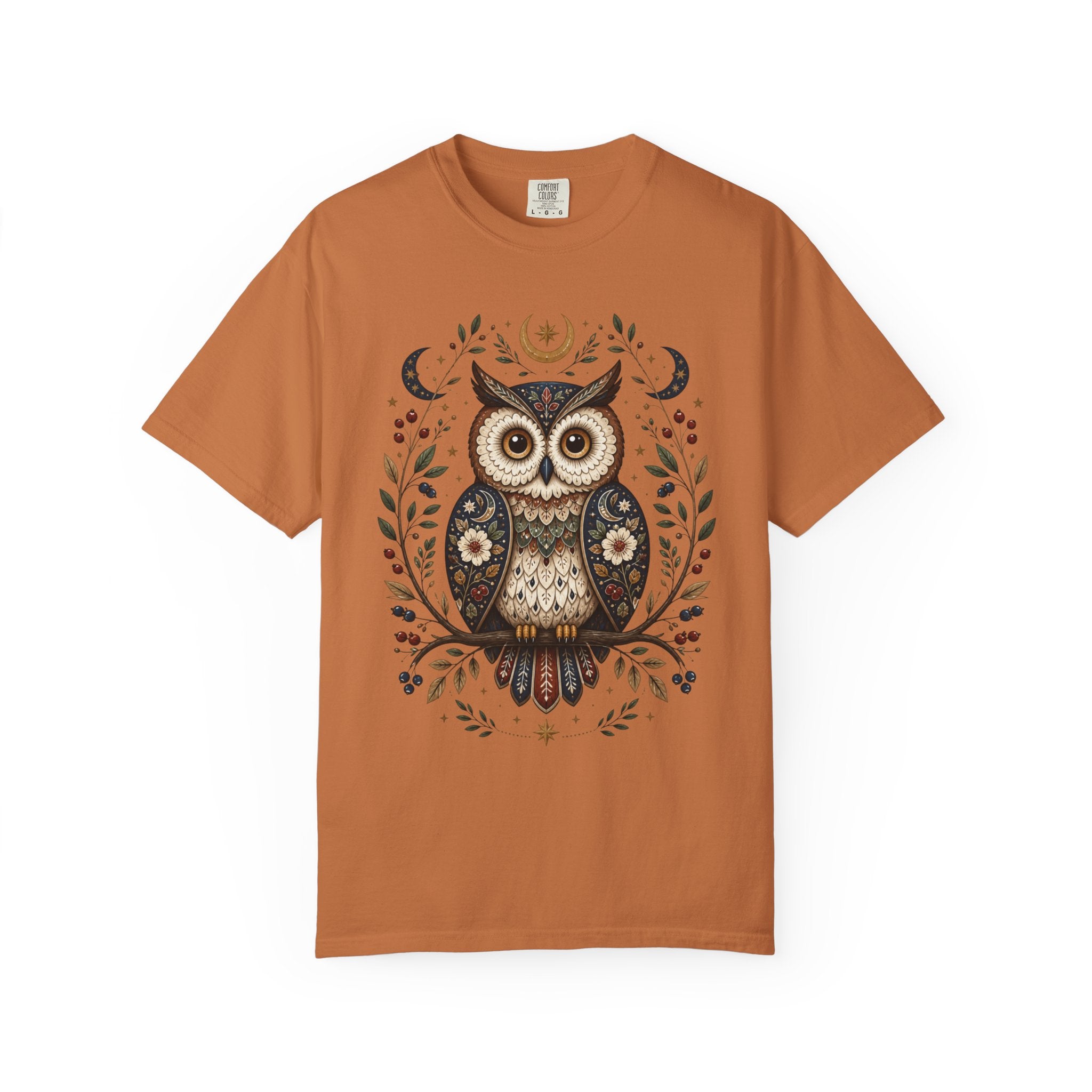 Whimsical celestial owl illustration with moon phases, stars, berries, and floral folk-art details in a woodland cottagecore fantasy aesthetic.