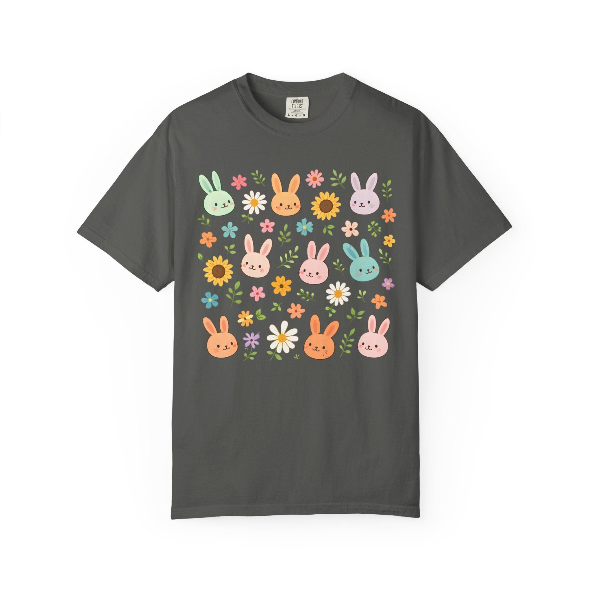 Floral cottagecore bunny shirt with pastel rabbits and wildflowers on a dark background, whimsical woodland aesthetic