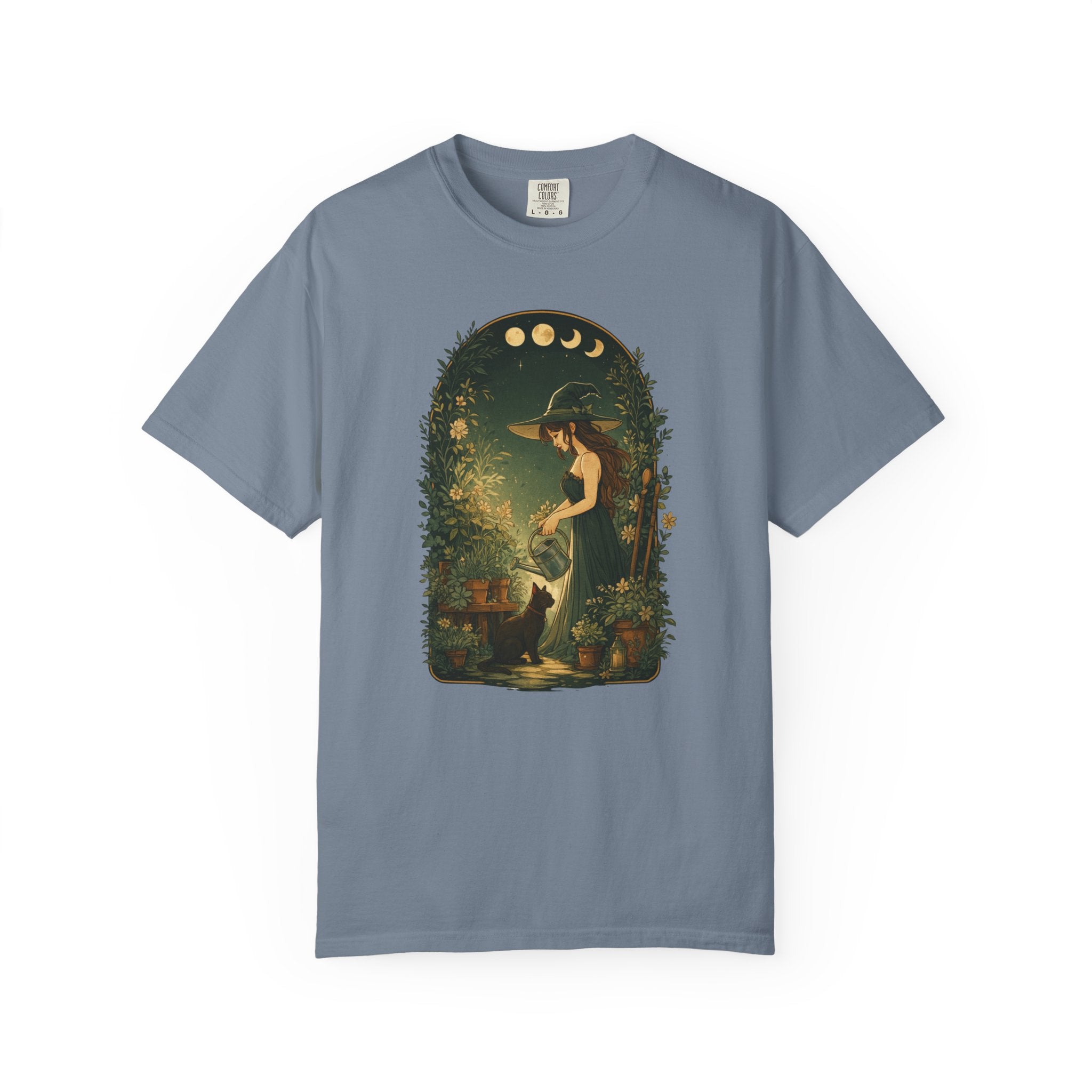 Cottagecore illustration of a garden witch in a green dress watering plants under moon phases, surrounded by foliage and flowers with a black cat by her side.