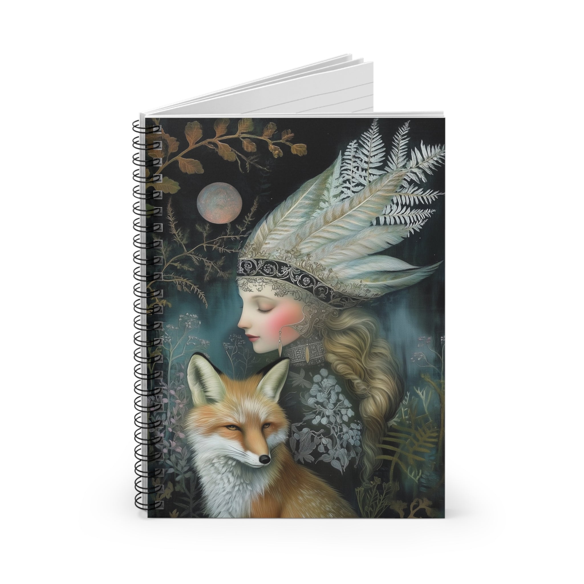 Notebook with a cover featuring a woman with a fox and nature elements on a white background