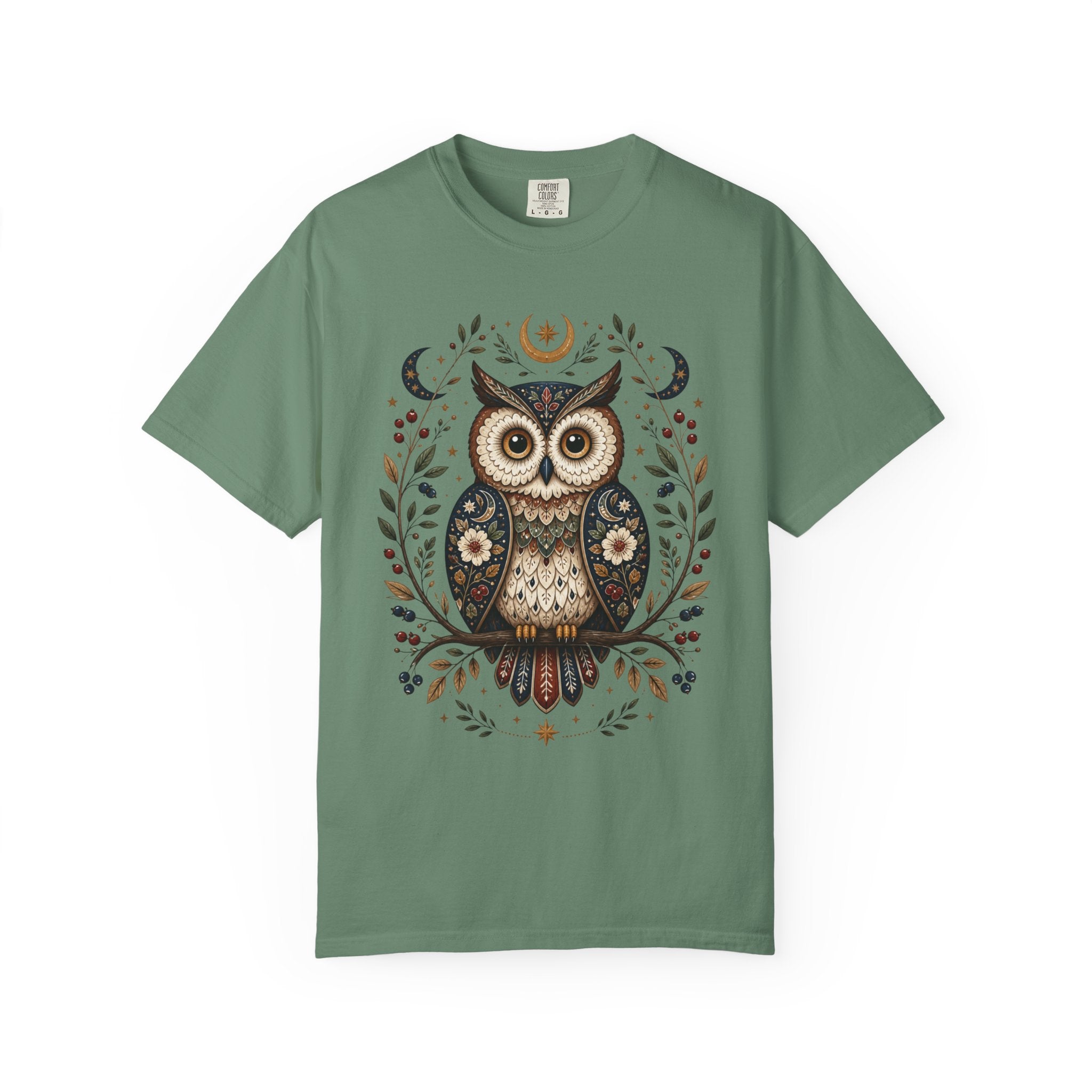 Whimsical celestial owl illustration with moon phases, stars, berries, and floral folk-art details in a woodland cottagecore fantasy aesthetic.