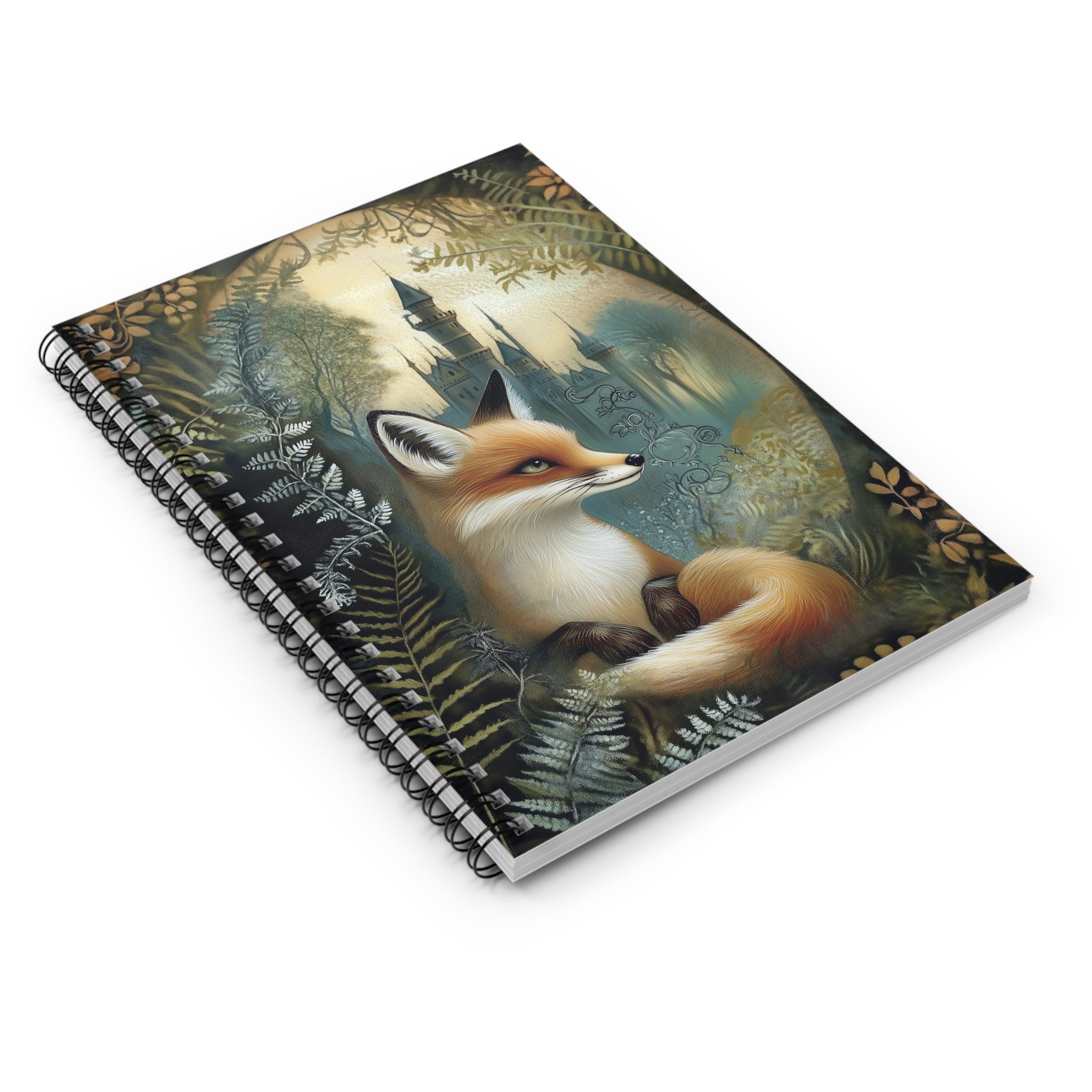 Illustrated red fox sitting among ferns with a misty fairytale castle in the background, whimsical cottagecore notebook cover design