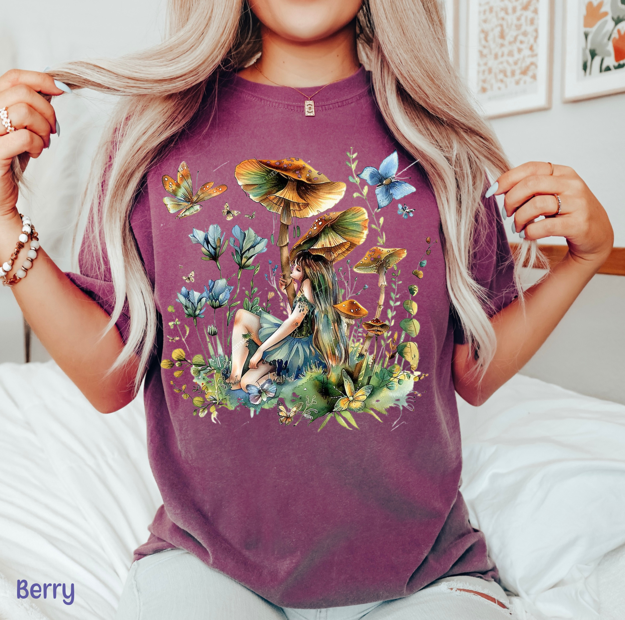 Mushroom fairy cottagecore shirt with butterflies and wildflowers