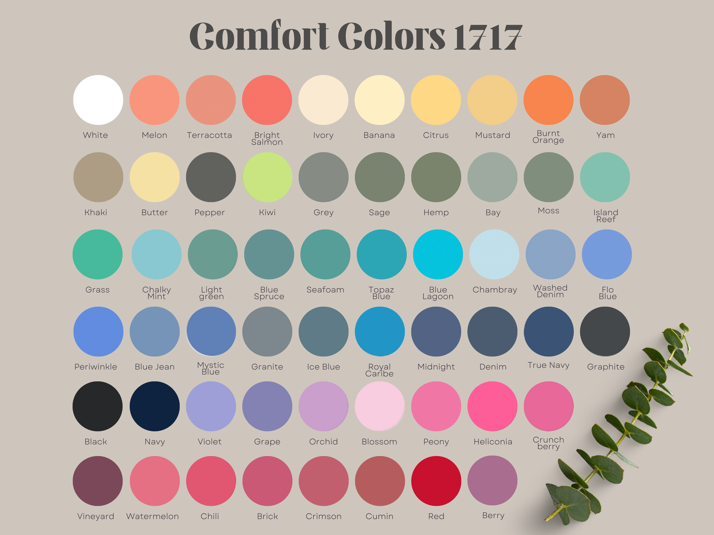 Color swatch chart titled 'Comfort Colors 1717' with various color samples.