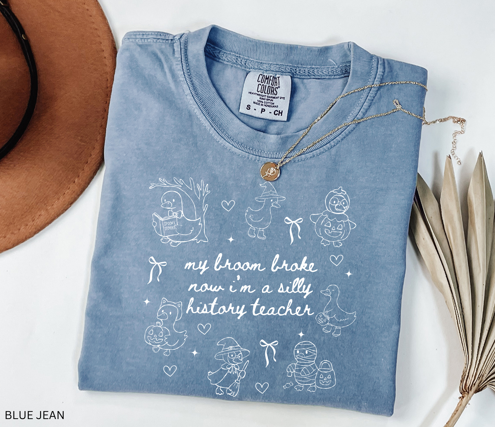 Halloween history teacher shirt with geese in costumes, pumpkins, and witch hats with the phrase ‘My broom broke, now I’m a silly history teacher.’ Funny spooky teacher tee