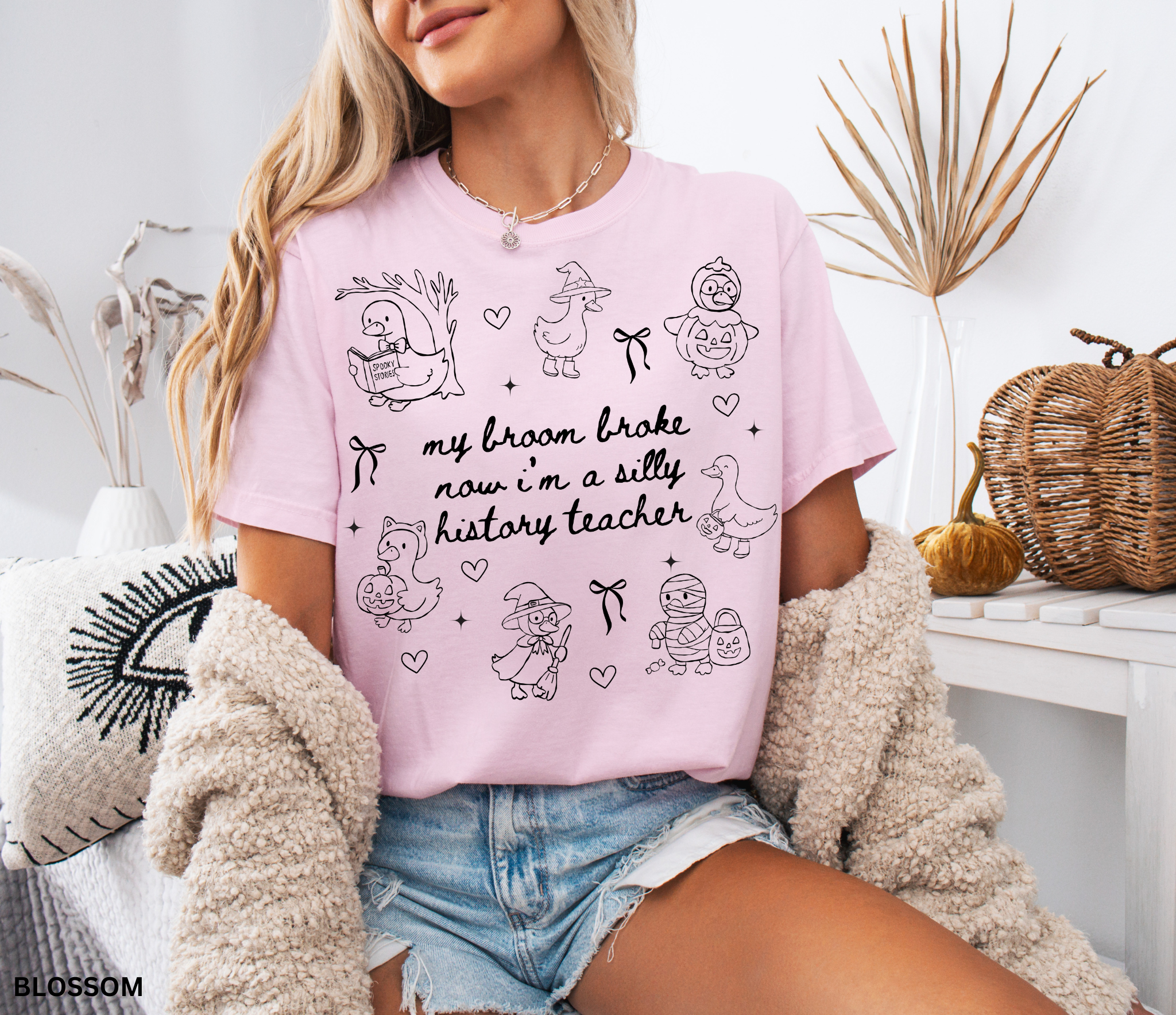 Halloween history teacher shirt with geese in costumes, pumpkins, and witch hats with the phrase ‘My broom broke, now I’m a silly history teacher.’ Funny spooky teacher tee