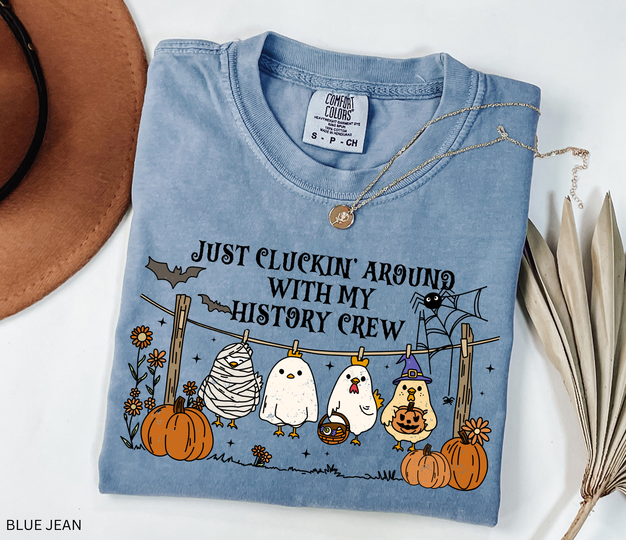 Halloween history teacher shirt with four cartoon chickens dressed in costumes (mummy, ghost, witch, and trick-or-treater) standing on a clothesline with pumpkins and bats, designed as a funny teacher Halloween graphic tee.