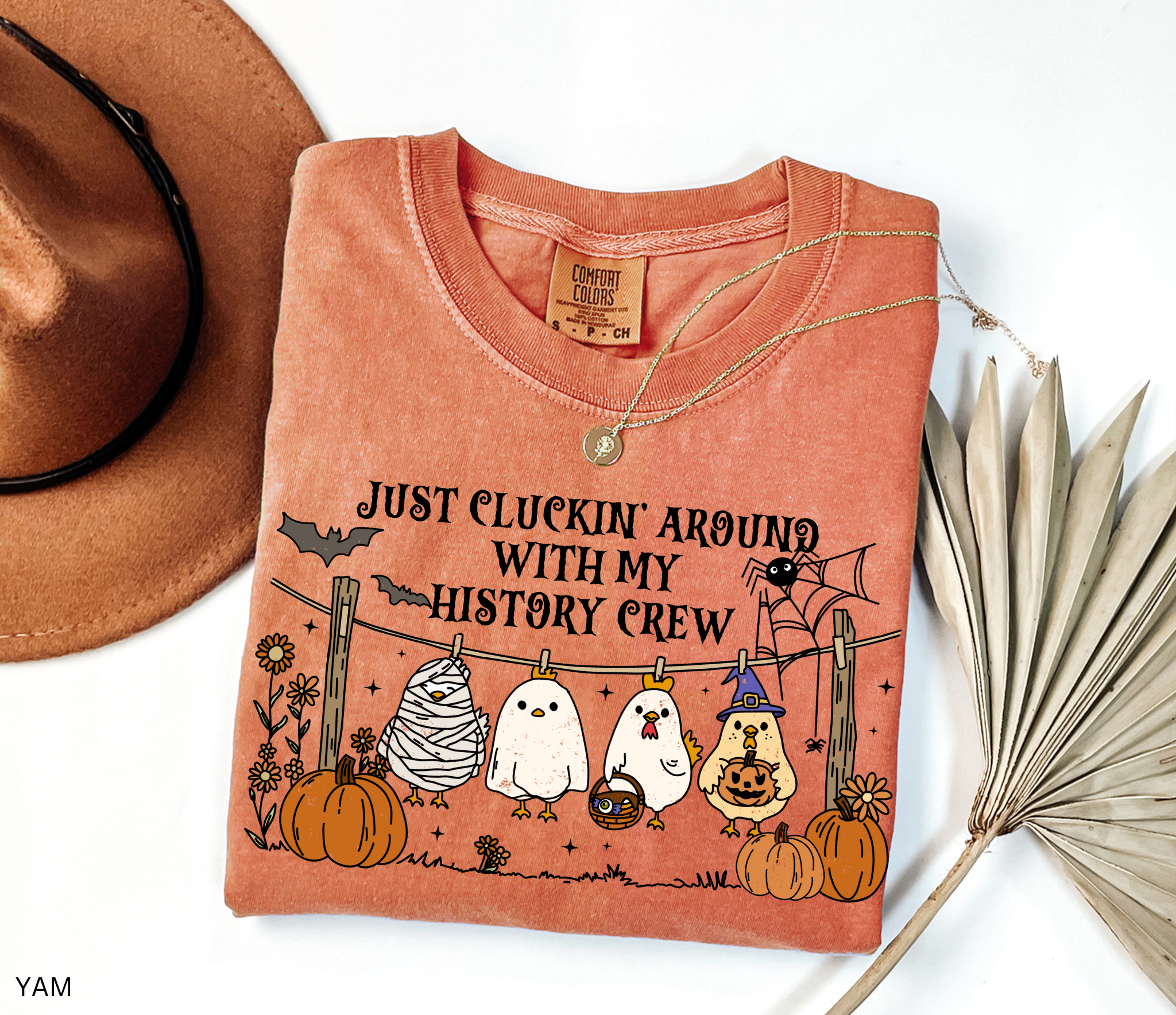 Halloween history teacher shirt with four cartoon chickens dressed in costumes (mummy, ghost, witch, and trick-or-treater) standing on a clothesline with pumpkins and bats, designed as a funny teacher Halloween graphic tee.
