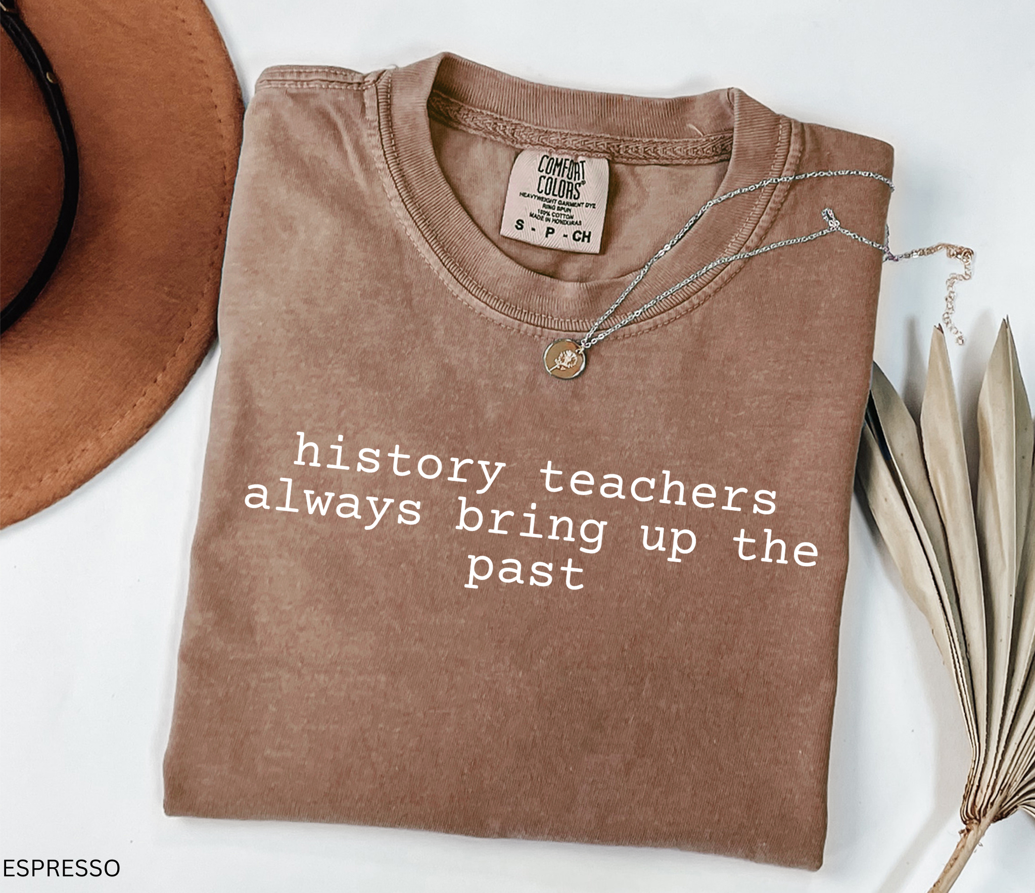 Black t-shirt design with the phrase “history teachers always bring up the past” in bold white typewriter-style font, a funny gift for history teachers.