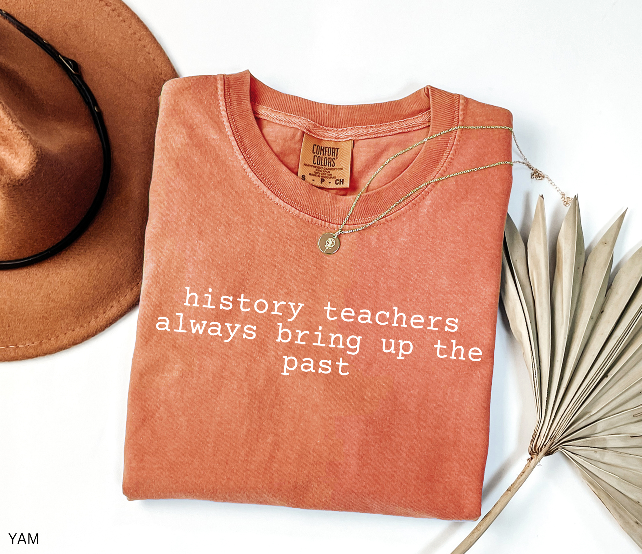 Black t-shirt design with the phrase “history teachers always bring up the past” in bold white typewriter-style font, a funny gift for history teachers.