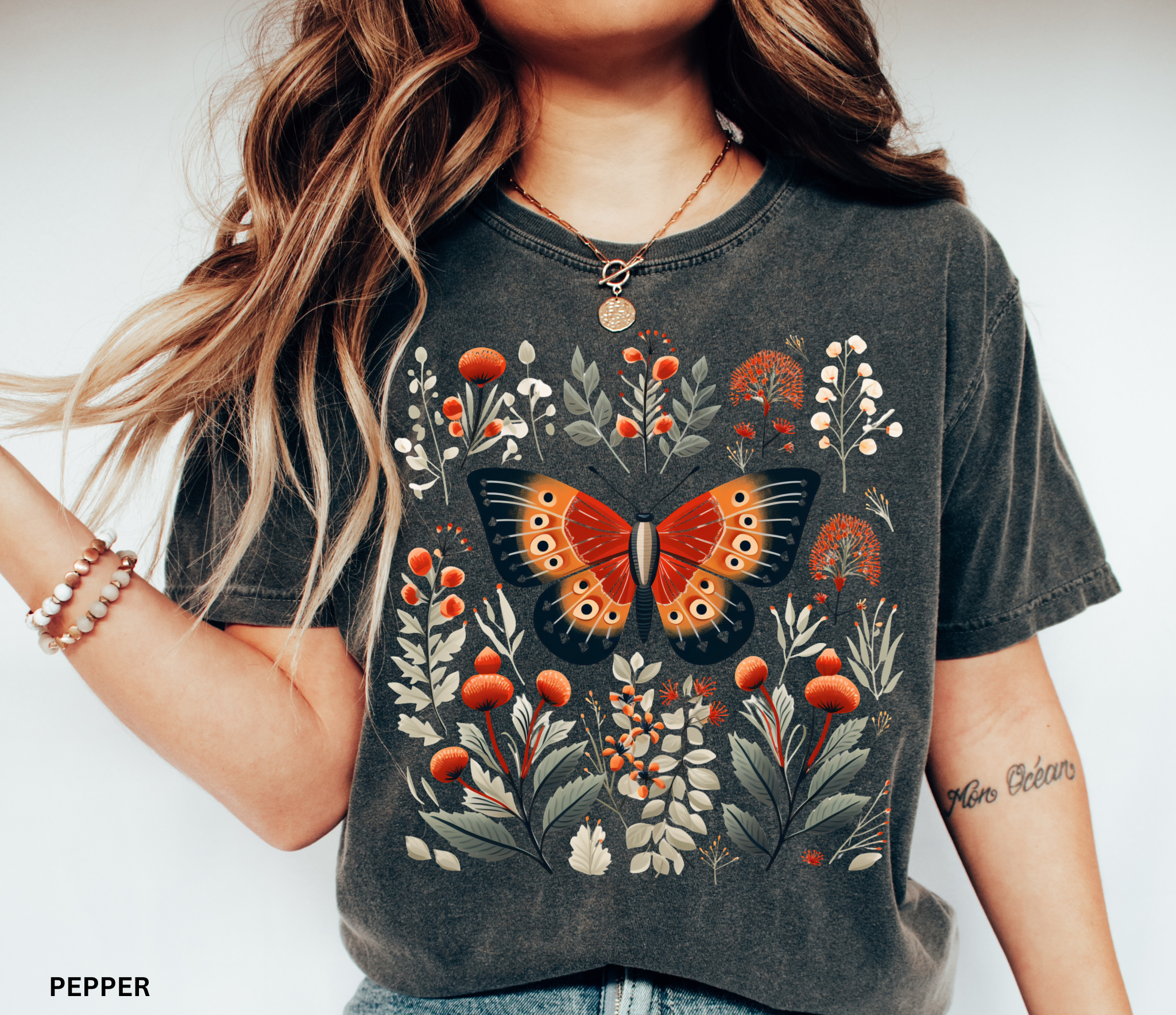 Butterfly surrounded by autumn florals and berries – cottagecore botanical shirt design