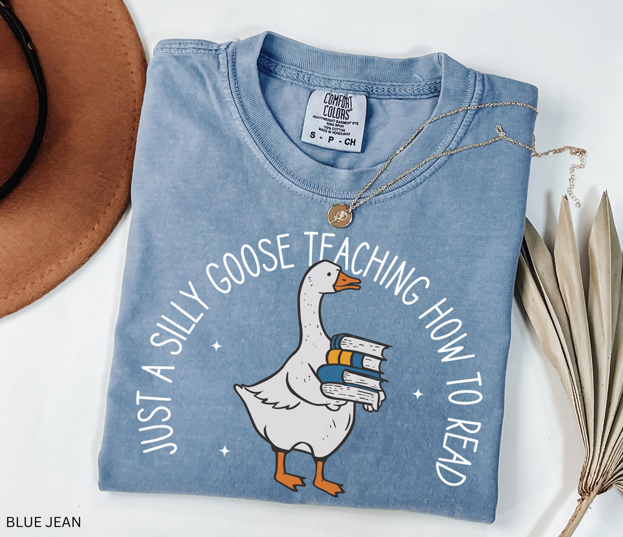 Just a Silly Goose Teaching How to Read text design featuring a cartoon goose holding a stack of books on a black background, created for English teachers.
