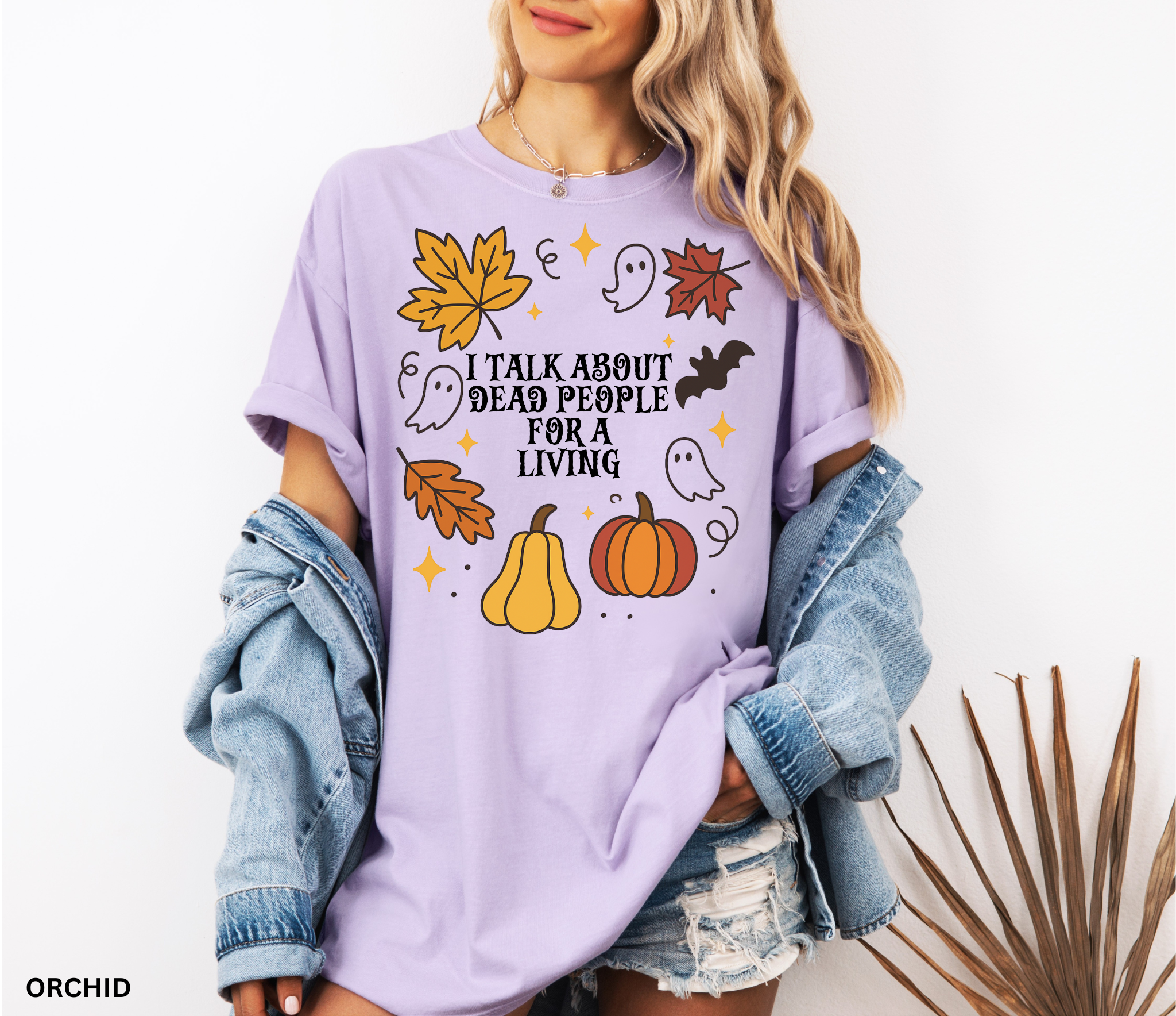 Halloween fall shirt with pumpkins, ghosts, bats, and autumn leaves in a festive design. Cute spooky season tee for fall and Halloween lovers