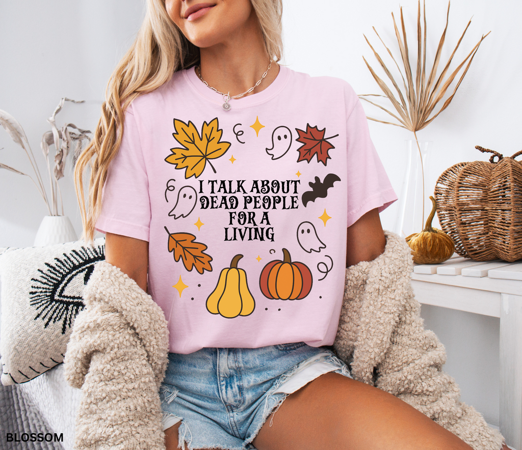 Halloween fall shirt with pumpkins, ghosts, bats, and autumn leaves in a festive design. Cute spooky season tee for fall and Halloween lovers