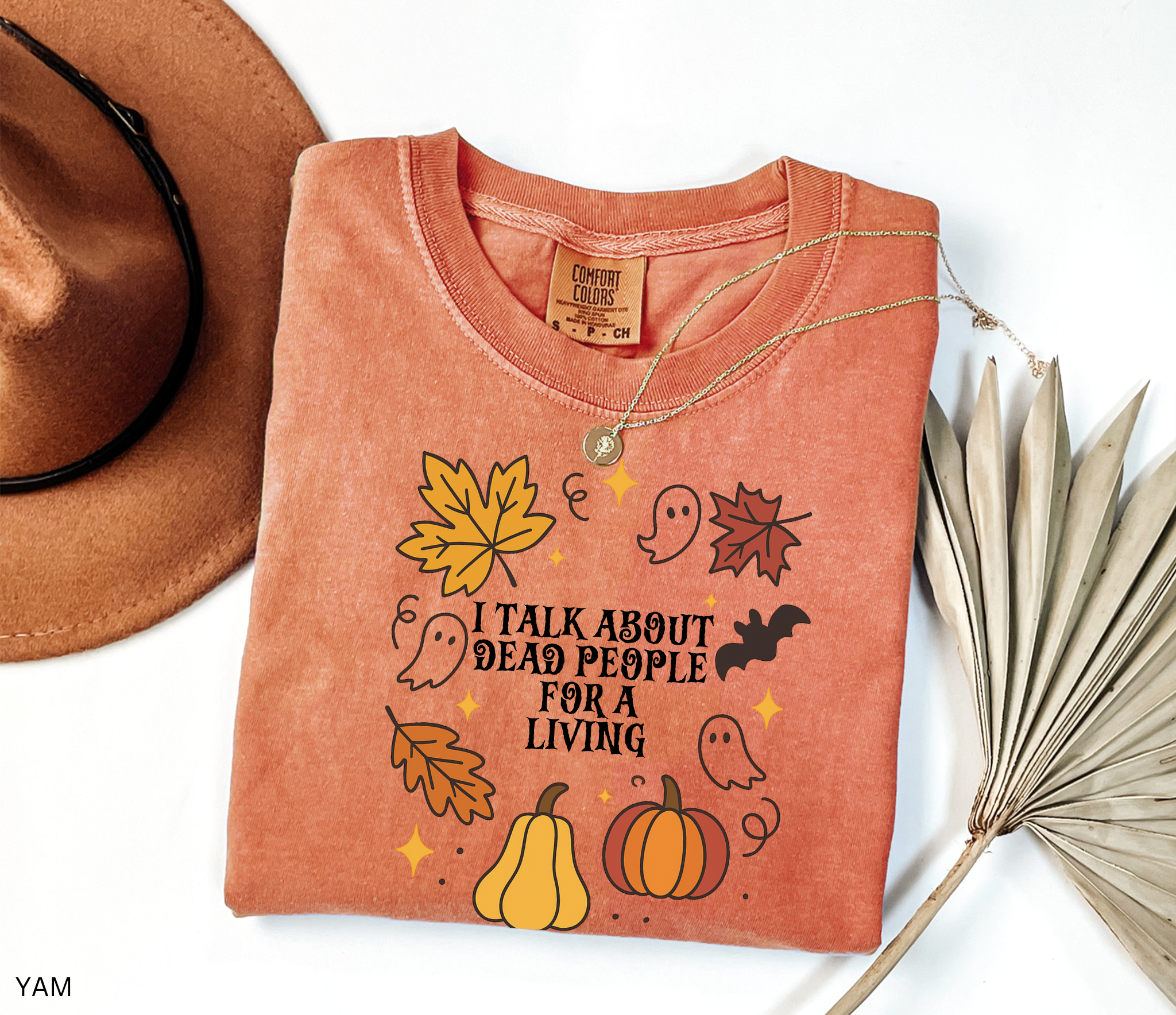Halloween fall shirt with pumpkins, ghosts, bats, and autumn leaves in a festive design. Cute spooky season tee for fall and Halloween lovers