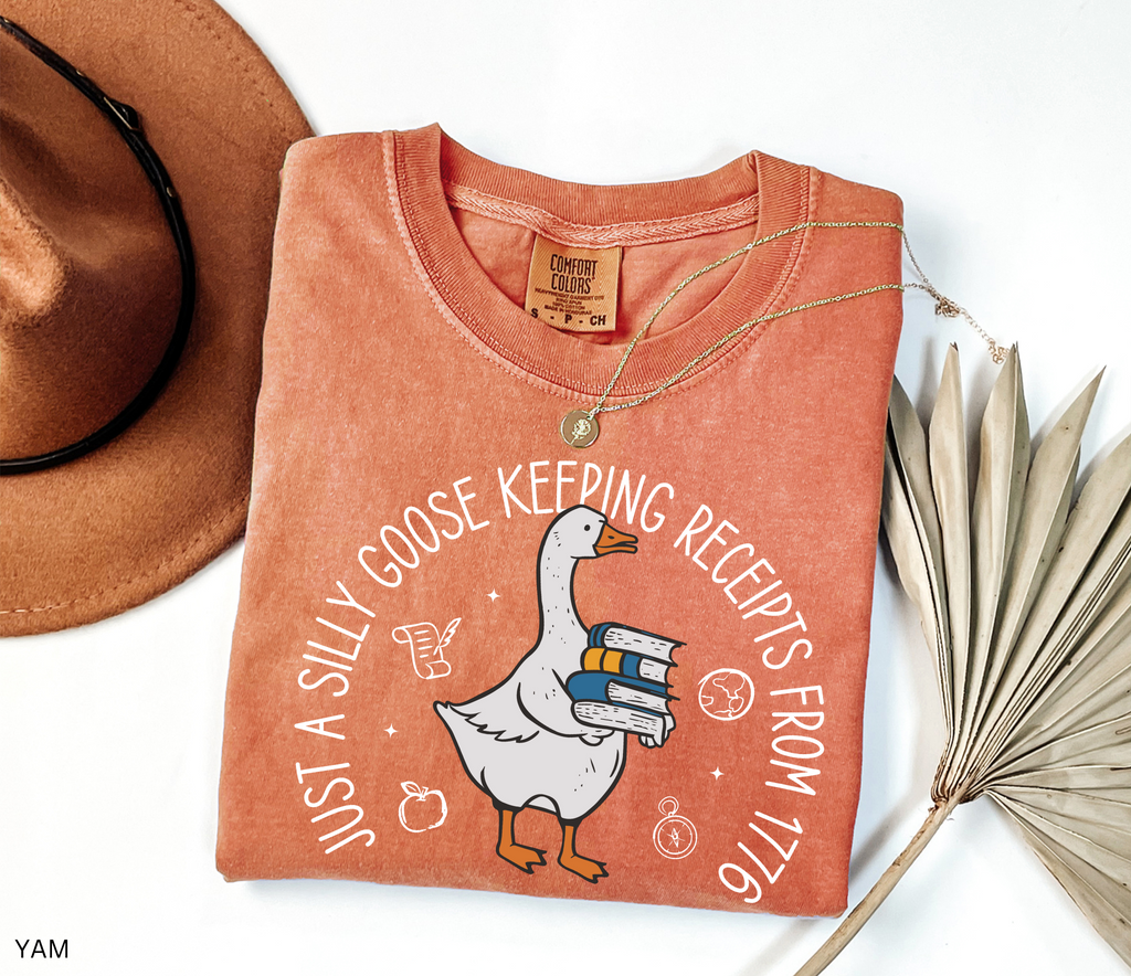 History teacher shirt with a goose holding books and the phrase ‘Just a Historical Goose Keeping Receipts from 1776.’ Funny teacher gift tee