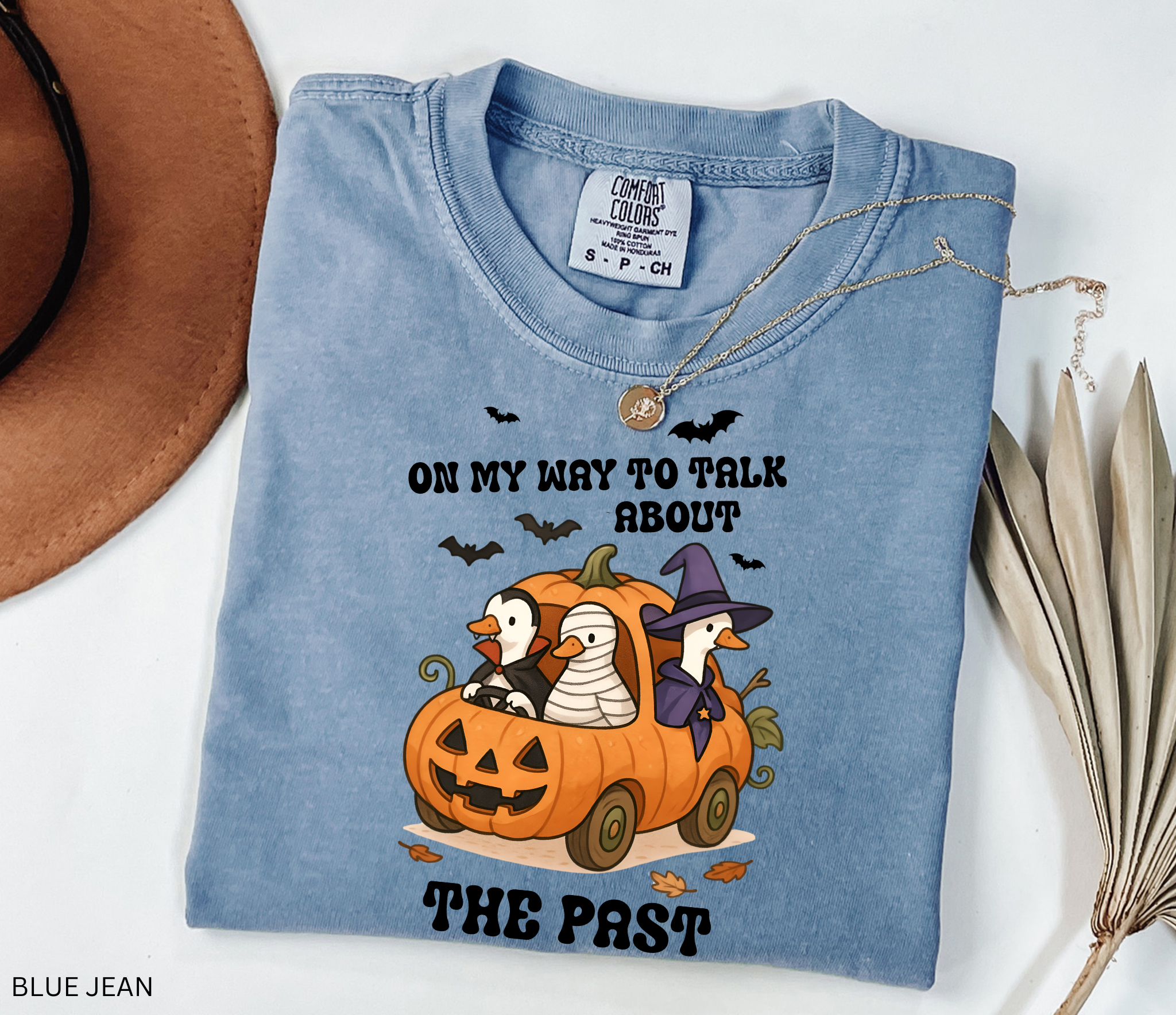 Halloween history teacher shirt with geese in a pumpkin car dressed as a witch, mummy, and vampire. Phrase reads ‘On My Way to Talk About The Past.’ Funny spooky teacher tee.