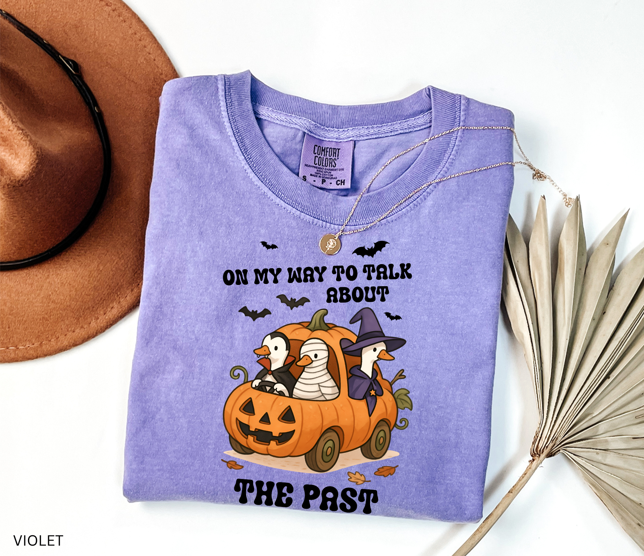 Halloween history teacher shirt with geese in a pumpkin car dressed as a witch, mummy, and vampire. Phrase reads ‘On My Way to Talk About The Past.’ Funny spooky teacher tee.