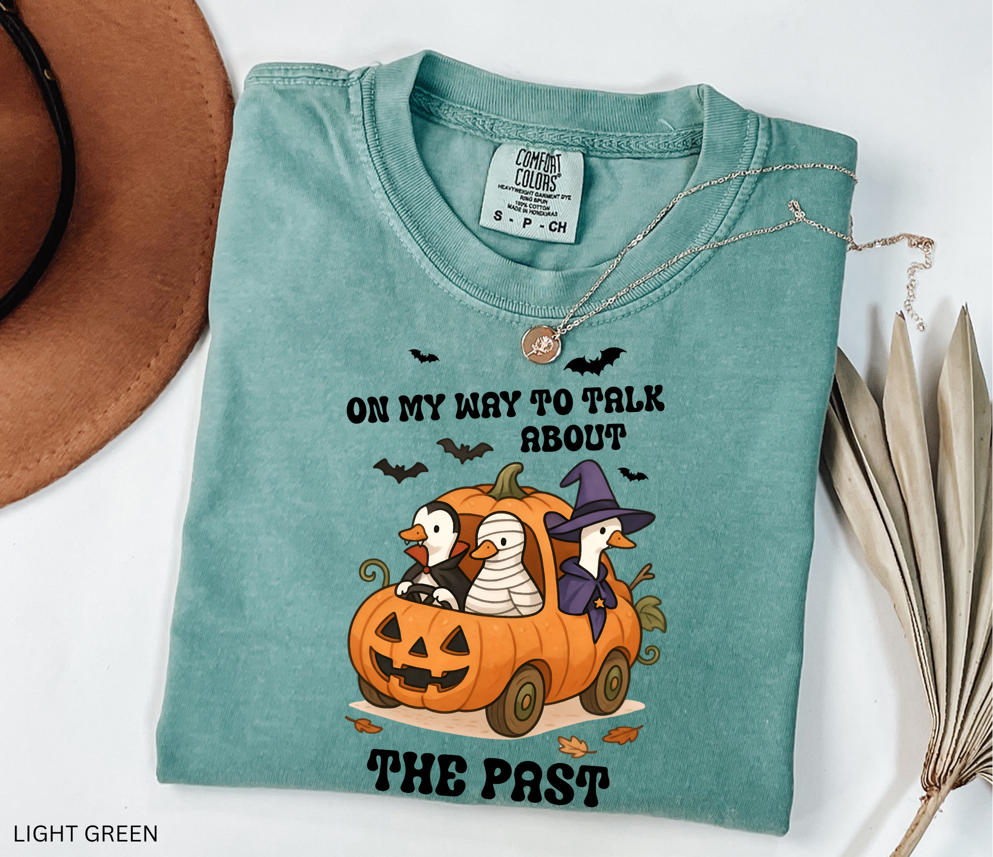 Halloween history teacher shirt with geese in a pumpkin car dressed as a witch, mummy, and vampire. Phrase reads ‘On My Way to Talk About The Past.’ Funny spooky teacher tee.