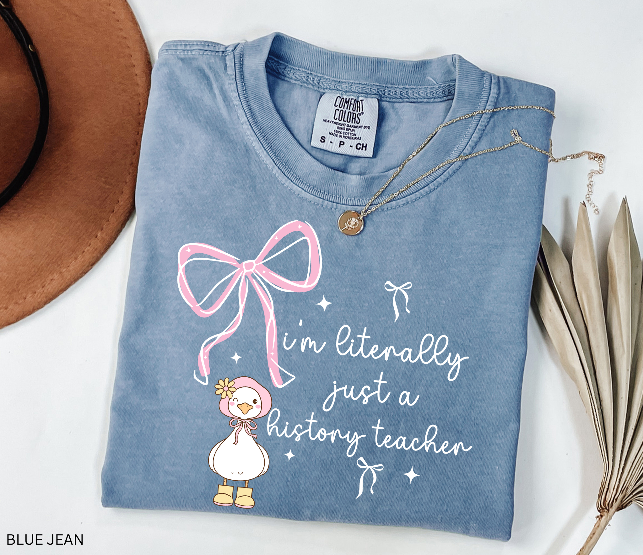 Funny history teacher shirt with a cute goose, pink bows, and the phrase ‘I’m literally just a history teacher.’ Coquette aesthetic social studies tee.