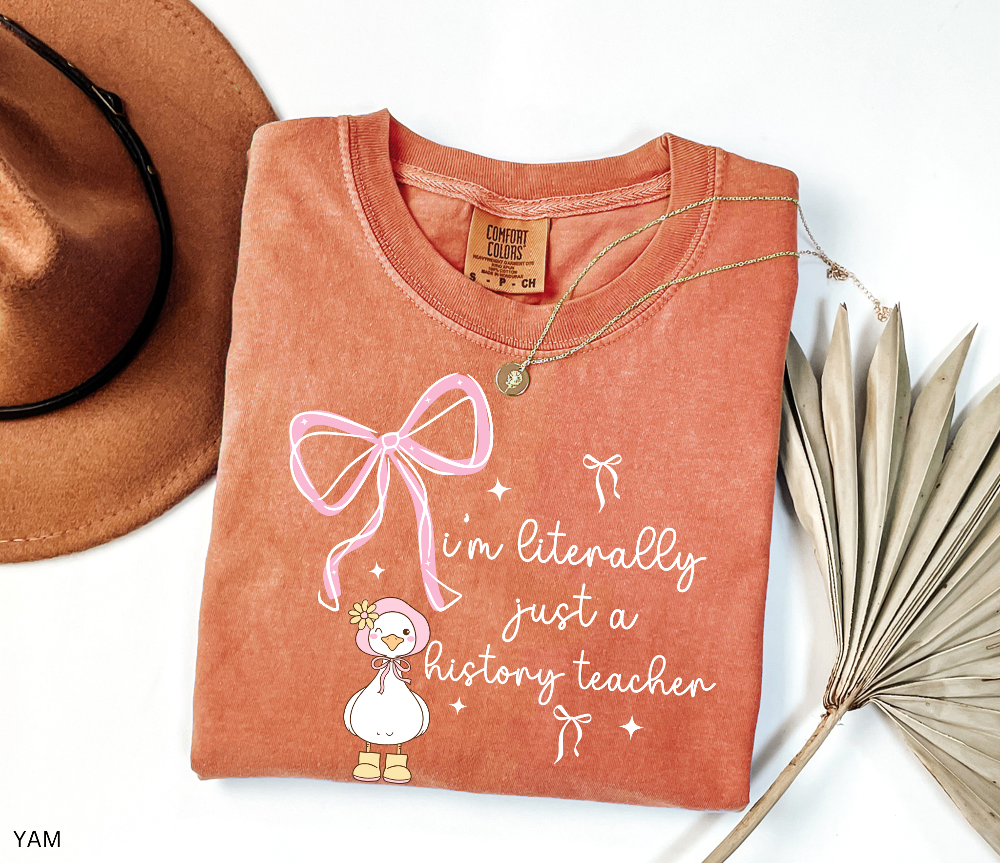 Funny history teacher shirt with a cute goose, pink bows, and the phrase ‘I’m literally just a history teacher.’ Coquette aesthetic social studies tee.