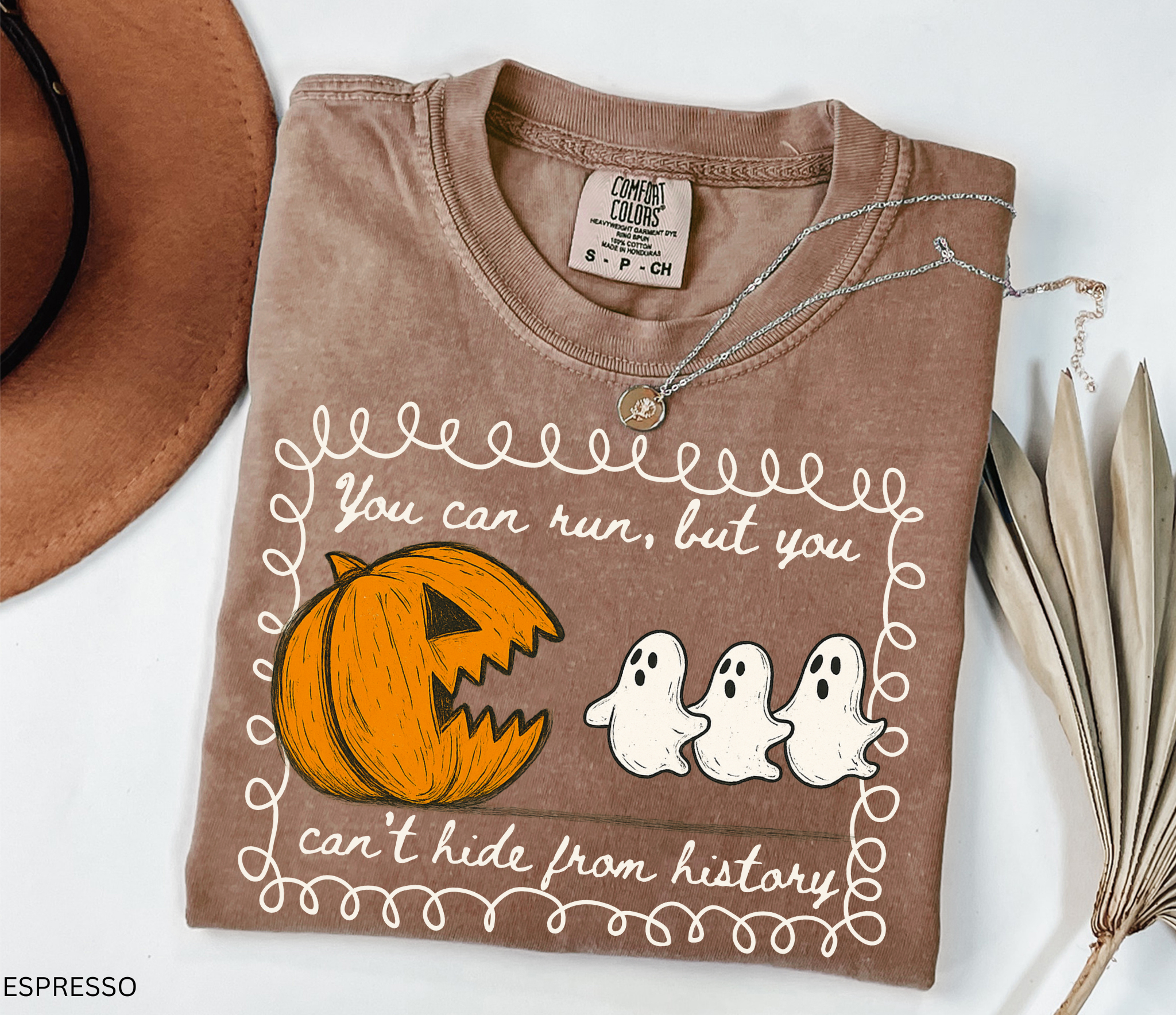 Halloween history teacher shirt with a pumpkin chasing ghosts and the phrase ‘You can run, but you can’t hide from history.’ Funny spooky season teacher tee.